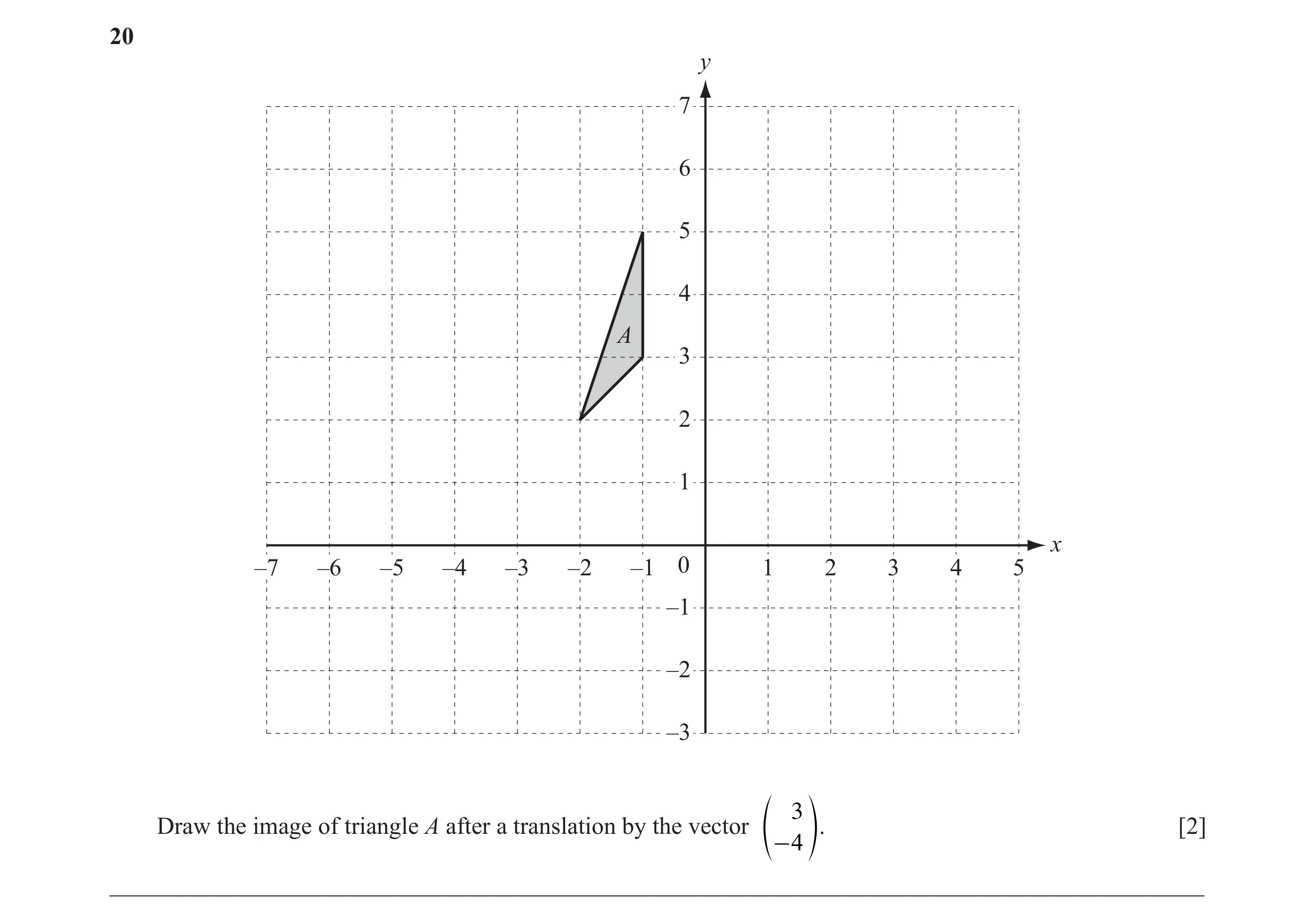 Question 26: y 7 6 5 4 A 3 2 1 x –7 –6 –5 –4 –3 –2 –1 0 1 2 3 4 5 –1 –2 –3 3 Draw the image of triangle A after a translation by the vector [2] 4 e- o. …