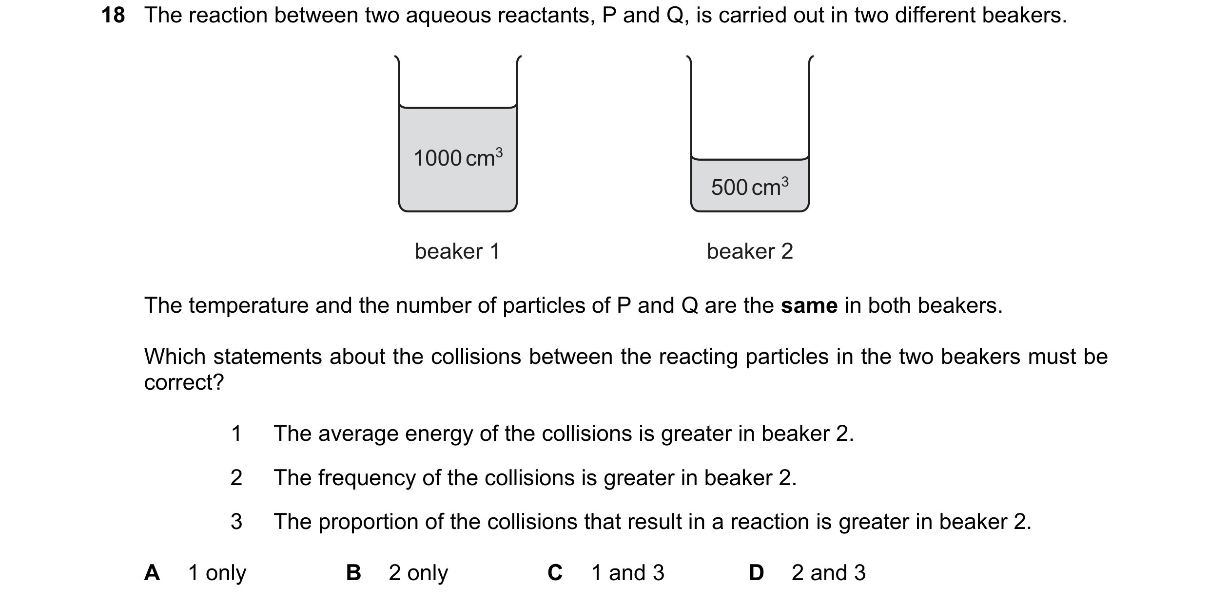 Question 37: The reaction between two aqueous reactants, P and Q, is carried out in two different beakers. 1000 cm3 500 cm3 beaker 1 beaker 2 The temper…