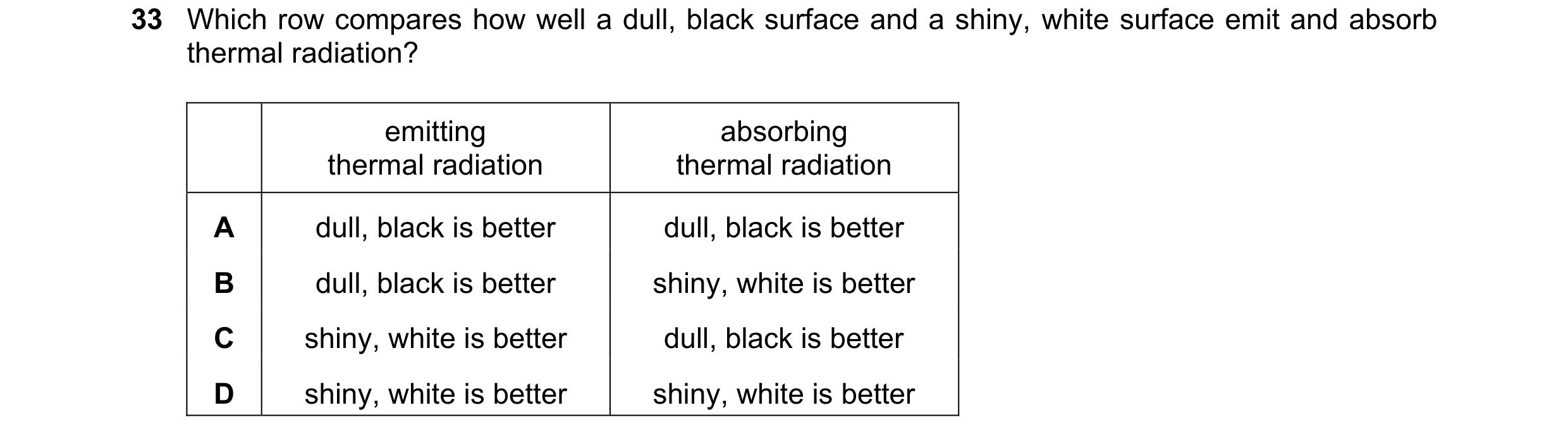 Question 42: Which row compares how well a dull, black surface and a shiny, white surface emit and absorb thermal radiation? emitting absorbing thermal …