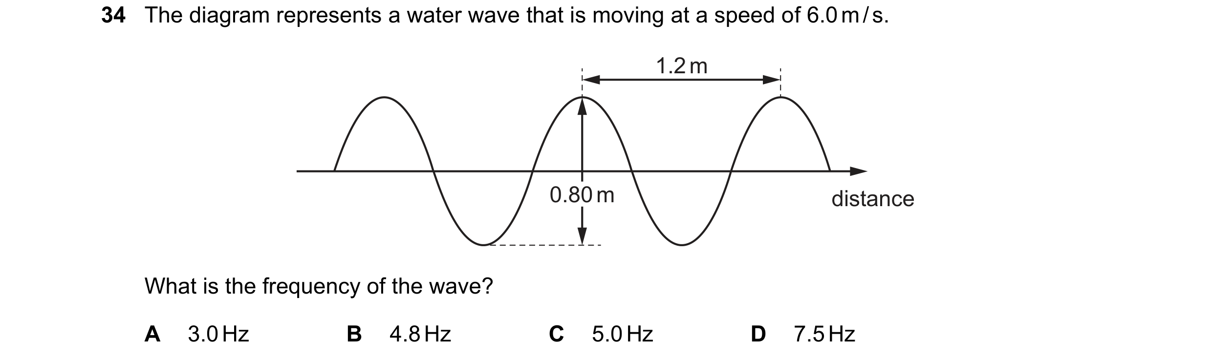 Question 46: The diagram represents a water wave that is moving at a speed of 6.0 m / s. 1.2 m 0.80 m distance What is the frequency of the wave? A 3.0 …