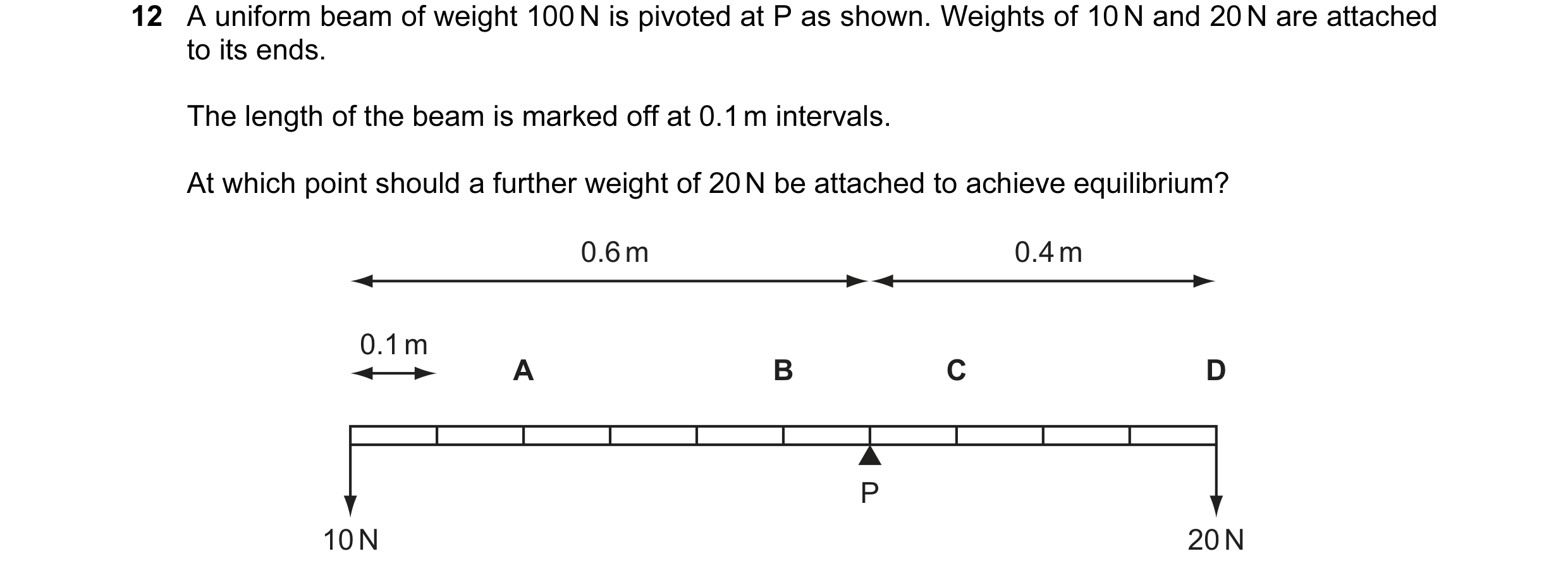 Question 2: A uniform beam of weight 100 N is pivoted at P as shown. Weights of 10 N and 20 N are attached to its ends. The length of the beam is marke…