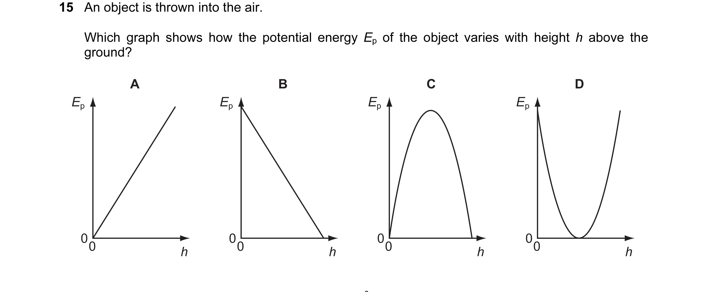 Question 4: An object is thrown into the air. Which graph shows how the potential energy Ep of the object varies with height h above the ground? A B C …