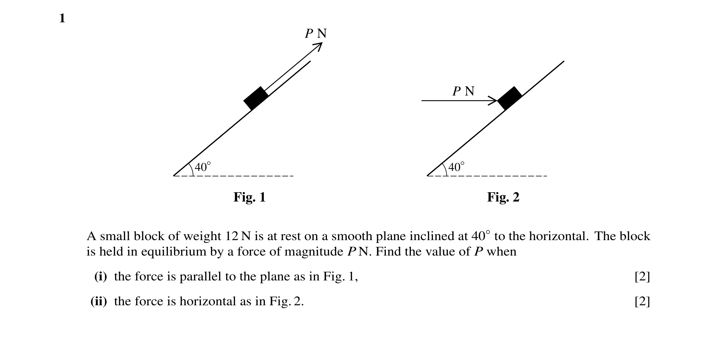 Question 17: P N P N 40° 40° Fig. 1 Fig. 2 A small block of weight 12 N is at rest on a smooth plane inclined at 40◦to the horizontal. The block is held…