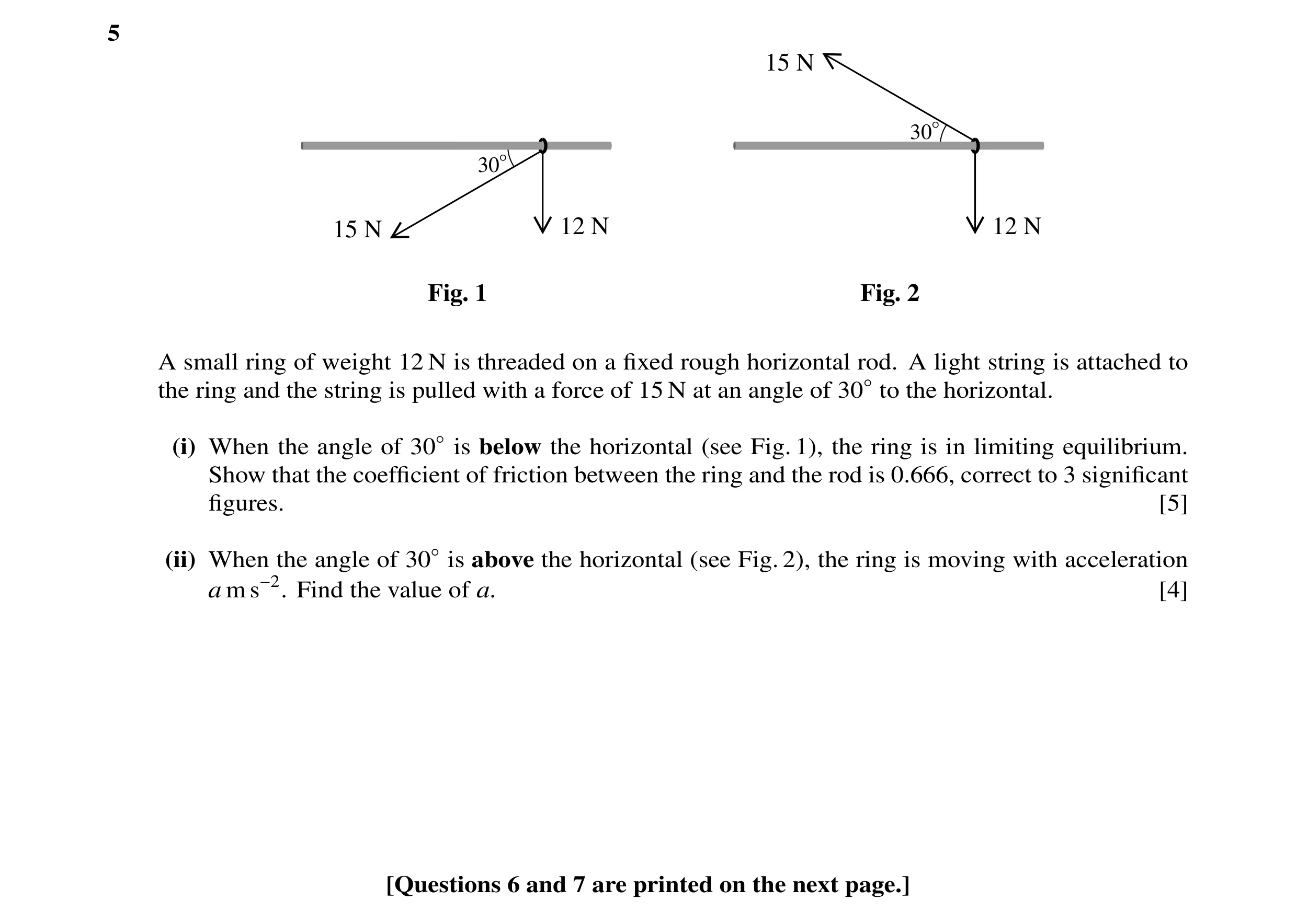Question 19: 15 N 30° 30° 15 N 12 N 12 N Fig. 1 Fig. 2 A small ring of weight 12 N is threaded on a fixed rough horizontal rod. A light string is attache…