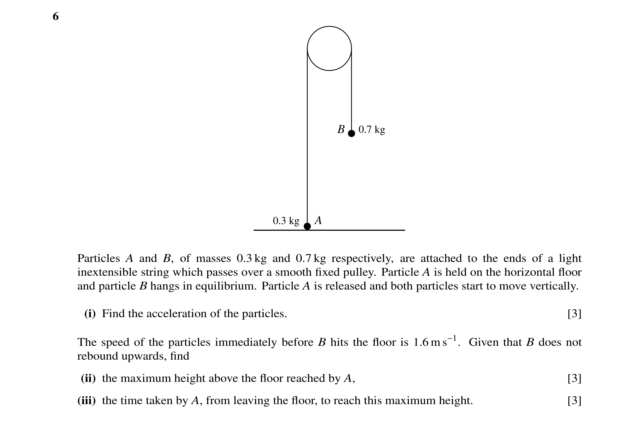 Question 5: B 0.7 kg 0.3 kg A Particles A and B, of masses 0.3 kg and 0.7 kg respectively, are attached to the ends of a light inextensible string whic…