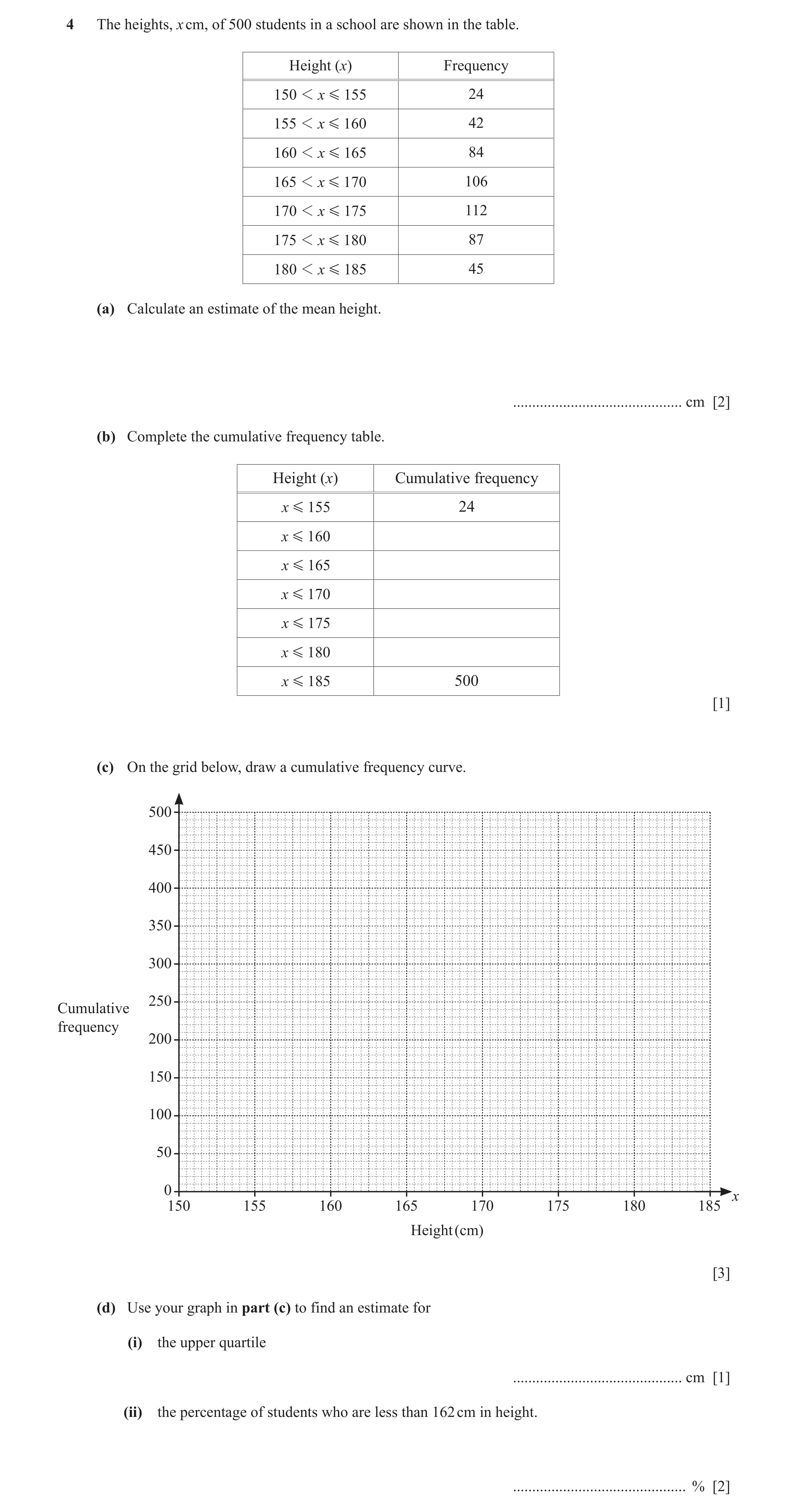 Question 44: The heights, x cm, of 500 students in a school are shown in the table. Height (x) Frequency 150 1 x G 155 24 155 1 x G 160 42 160 1 x G 165…