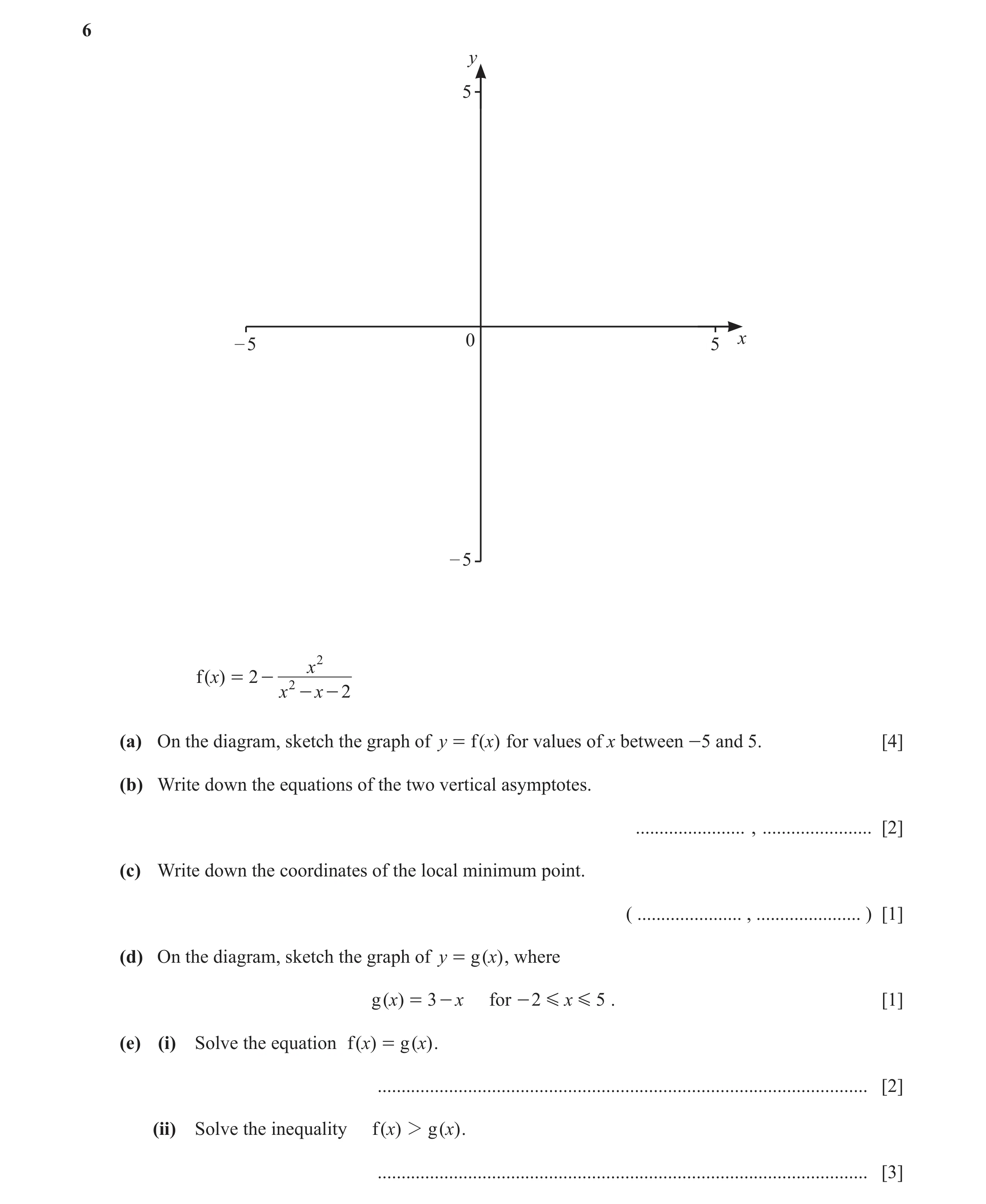 Question 64: y 5 – 5 0 5 x – 5 x 2 f ( )x = 2 - 2 x - x - 2 (a) On the diagram, sketch the graph of y = f ( x) for values of x between -5 and 5. [4] (b)…