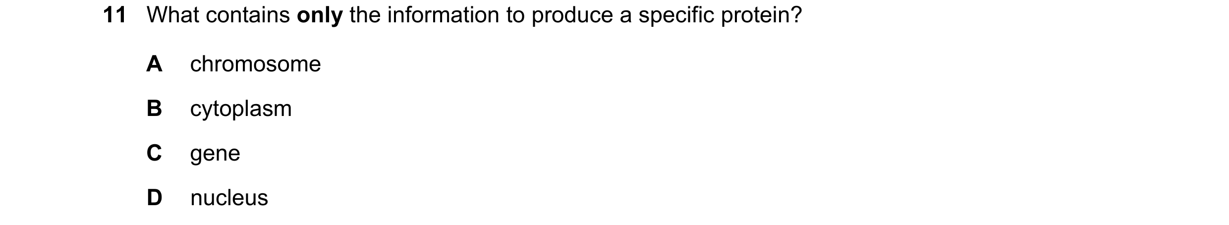 Question 8: What contains only the information to produce a specific protein? A chromosome B cytoplasm C gene D nucleus