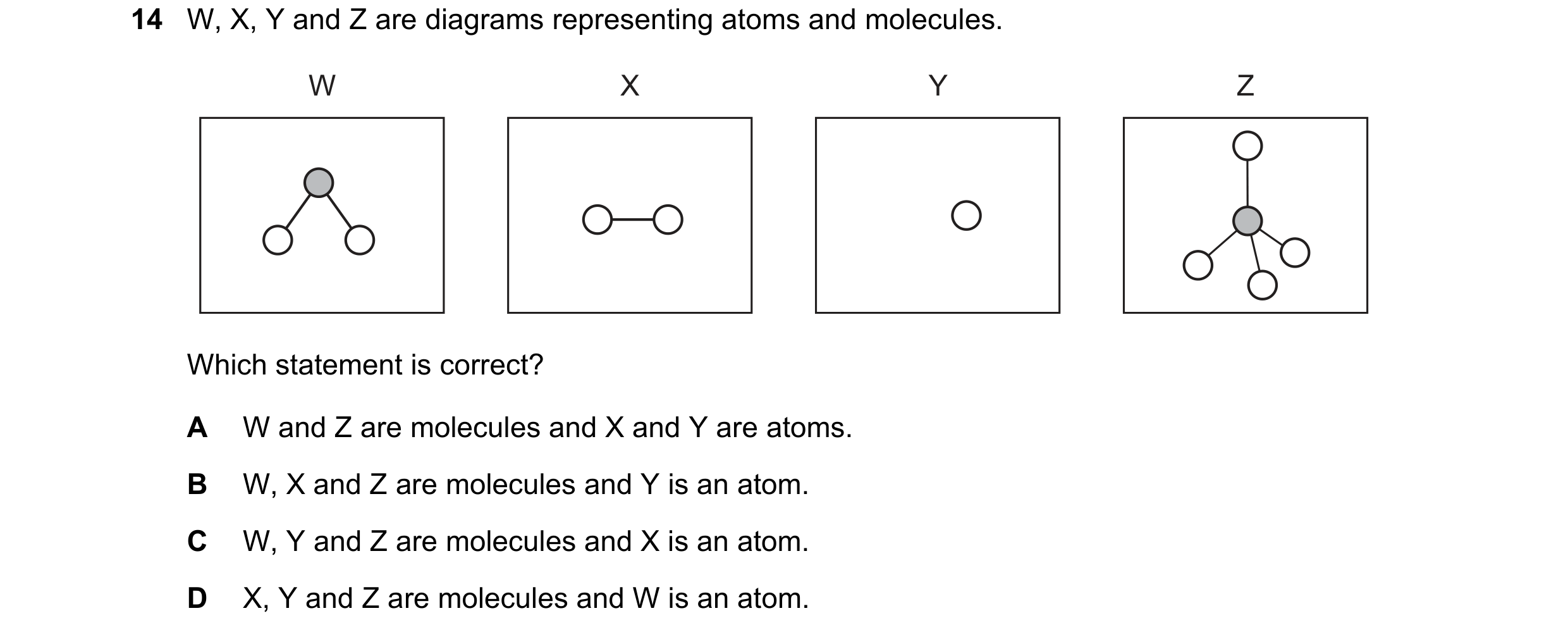 Question 2: W, X, Y and Z are diagrams representing atoms and molecules. W X Y Z Which statement is correct? A W and Z are molecules and X and Y are at…