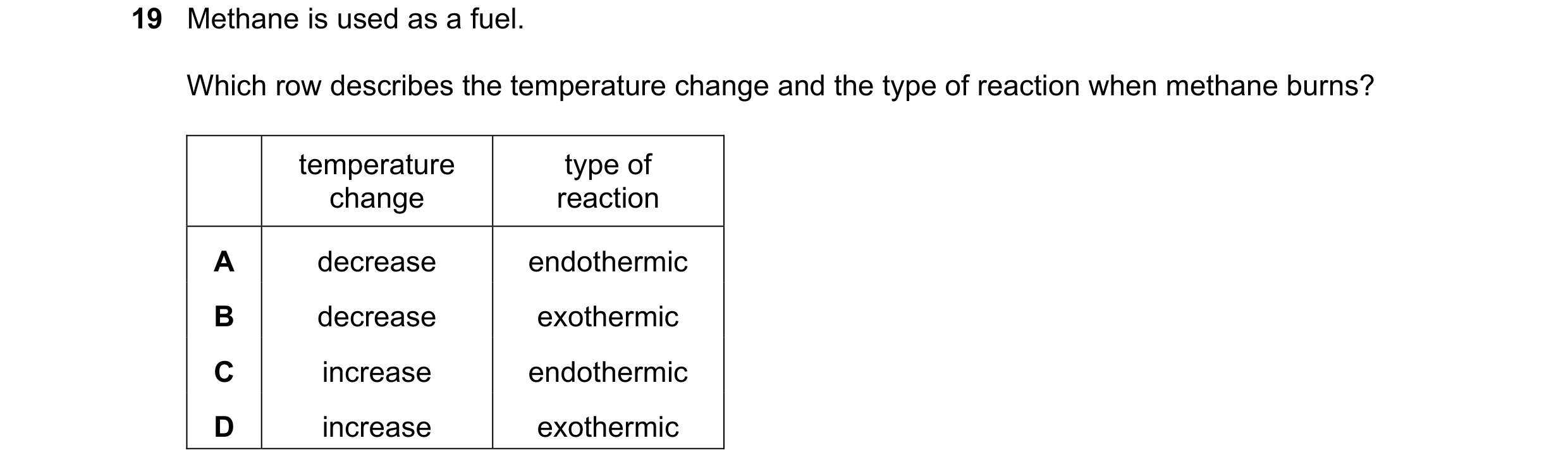 Question 2: Methane is used as a fuel. Which row describes the temperature change and the type of reaction when methane burns? temperature type of chan…