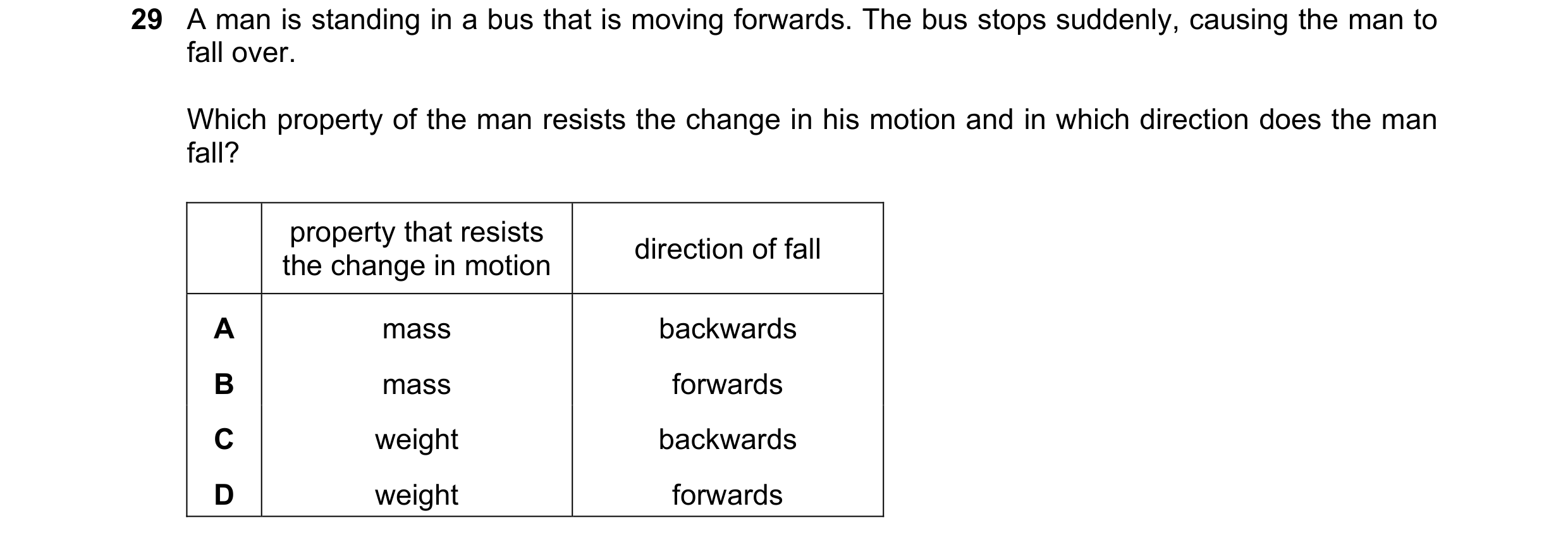 Question 6: A man is standing in a bus that is moving forwards. The bus stops suddenly, causing the man to fall over. Which property of the man resists…