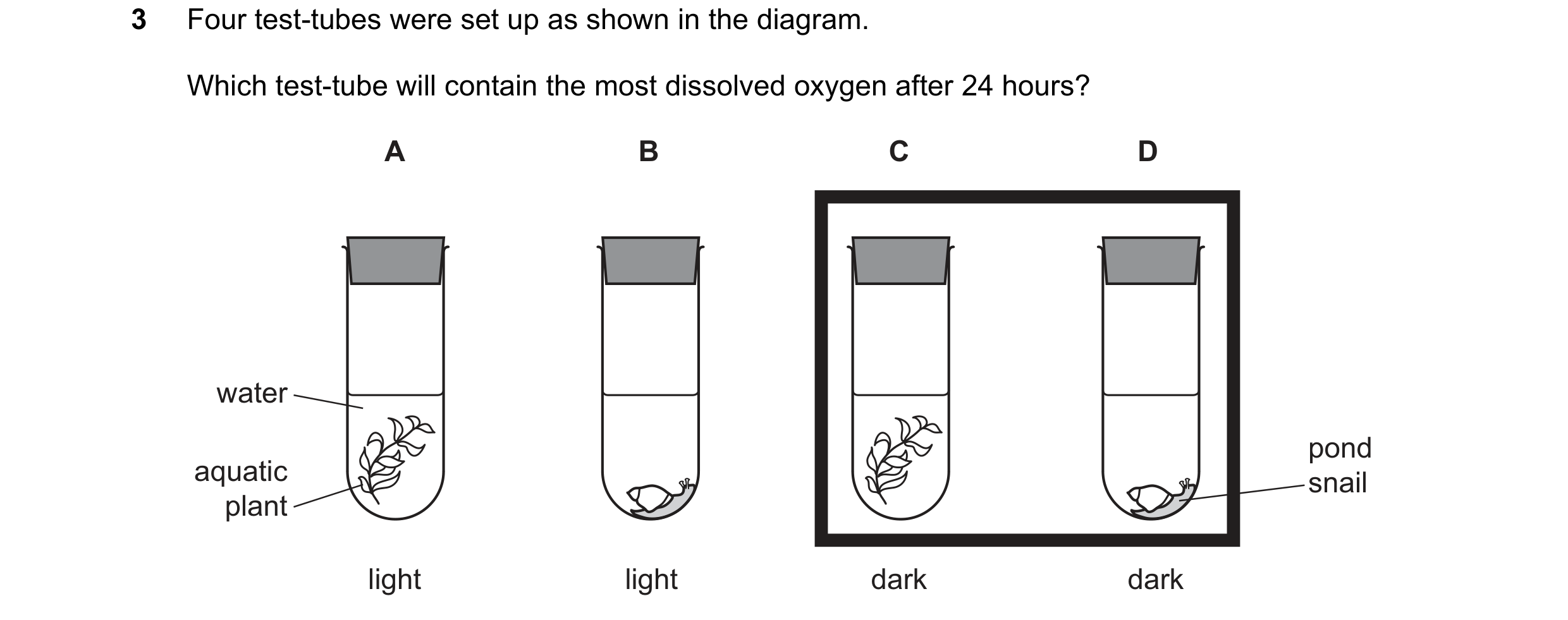 Question 2: Four test-tubes were set up as shown in the diagram. Which test-tube will contain the most dissolved oxygen after 24 hours? A B C D water p…