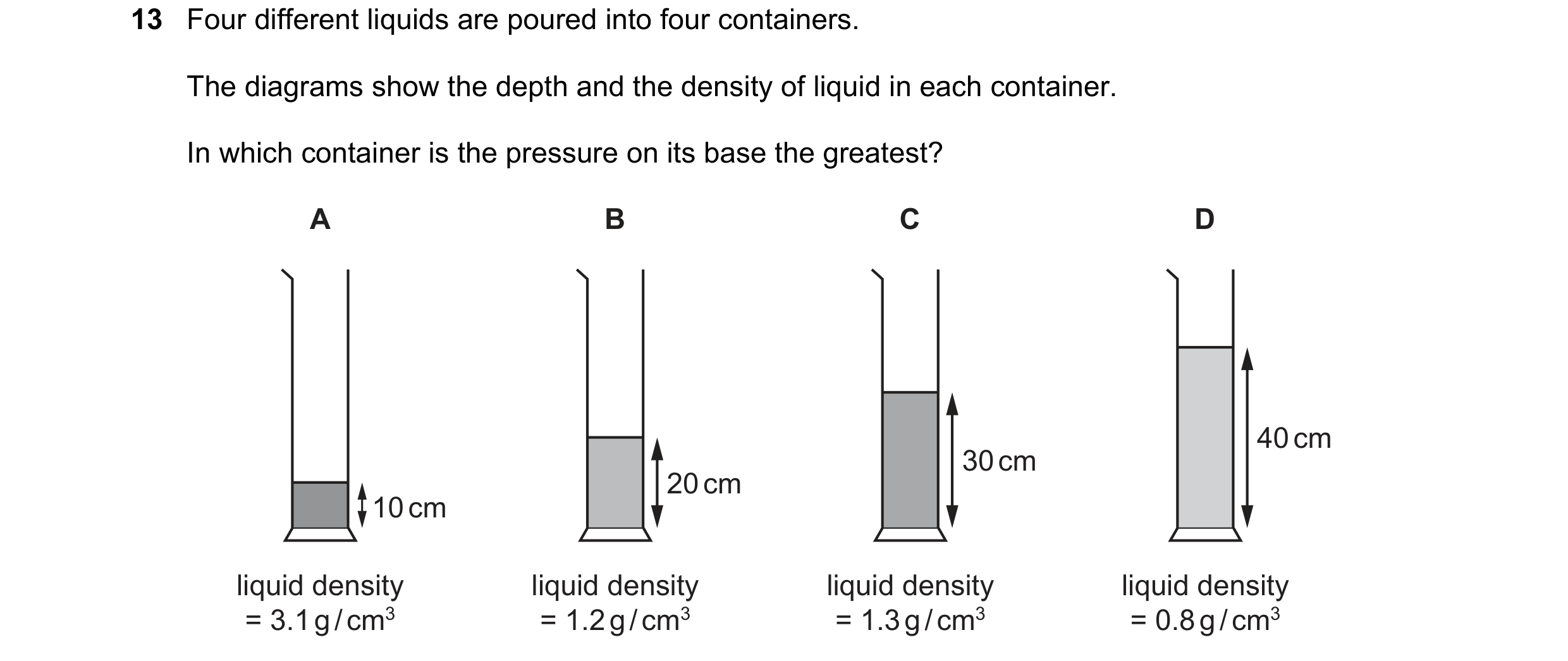 Question 8: Four different liquids are poured into four containers. The diagrams show the depth and the density of liquid in each container. In which c…