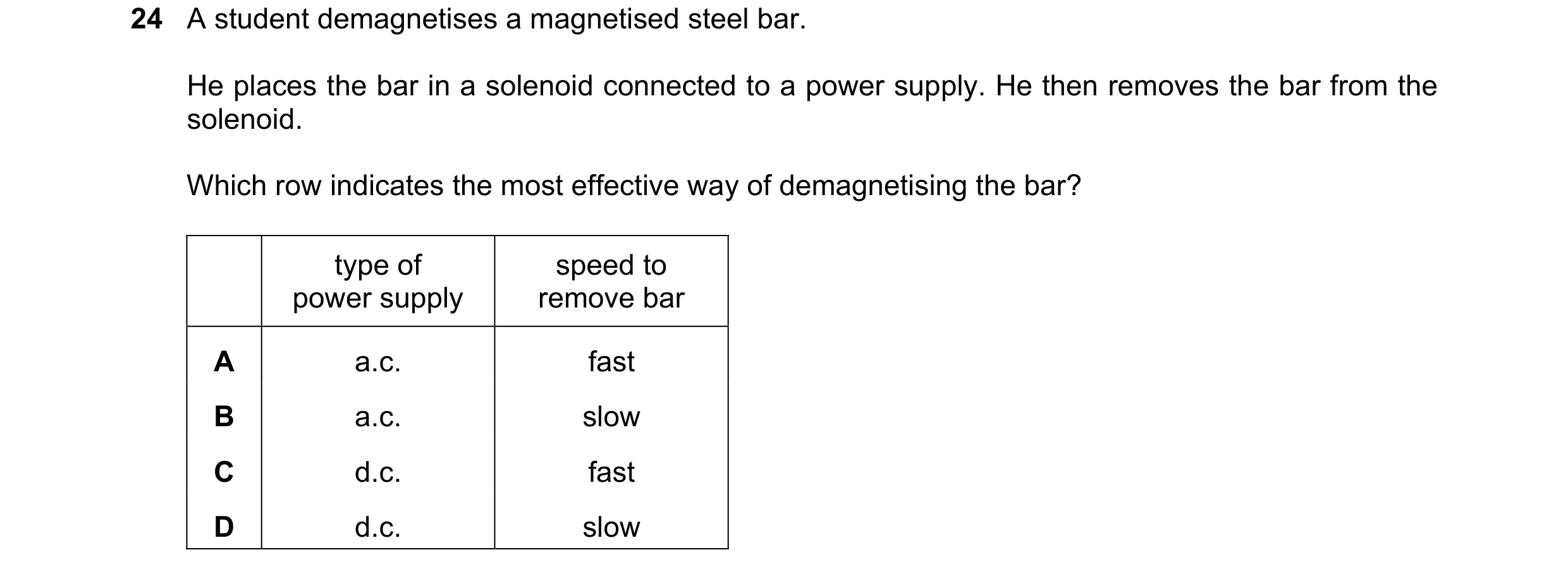 Question 17: A student demagnetises a magnetised steel bar. He places the bar in a solenoid connected to a power supply. He then removes the bar from th…