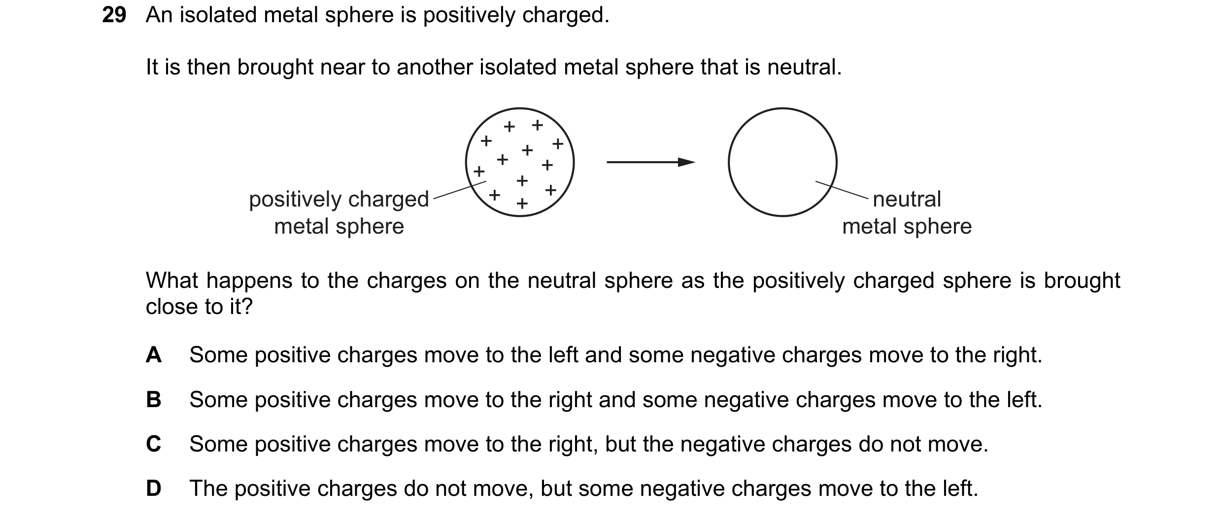 Question 20: An isolated metal sphere is positively charged. It is then brought near to another isolated metal sphere that is neutral. + + + + + + + + +…