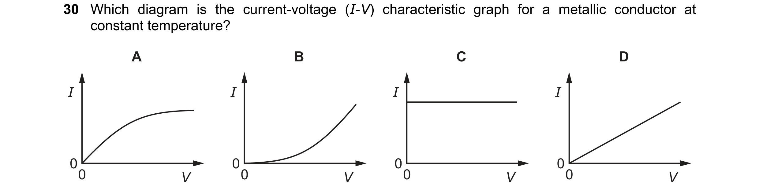 Question 38: Which diagram is the current-voltage (I-V) characteristic graph for a metallic conductor at constant temperature? A B C D I I I I 00 00 00 …