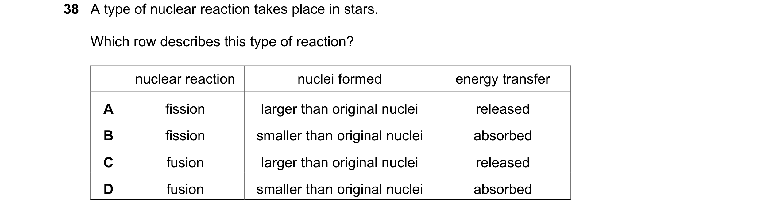 Question 2: A type of nuclear reaction takes place in stars. Which row describes this type of reaction? nuclear reaction nuclei formed energy transfer …