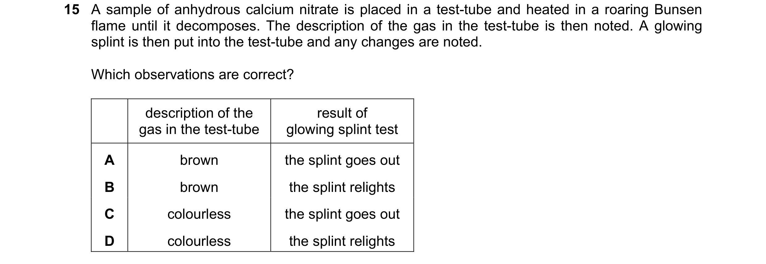 Question 148: A sample of anhydrous calcium nitrate is placed in a test-tube and heated in a roaring Bunsen flame until it decomposes. The description of…