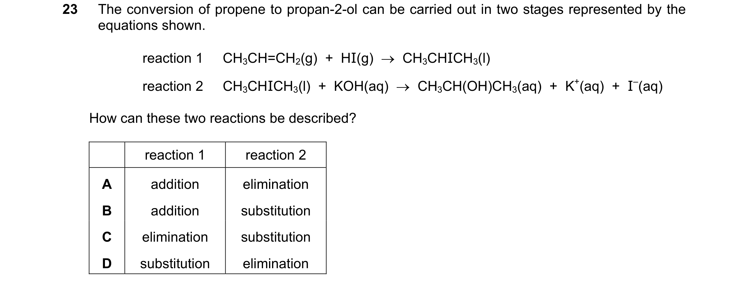 Question 153: The conversion of propene to propan-2-ol can be carried out in two stages represented by the equations shown. reaction 1 CH3CH=CH2(g) + H…