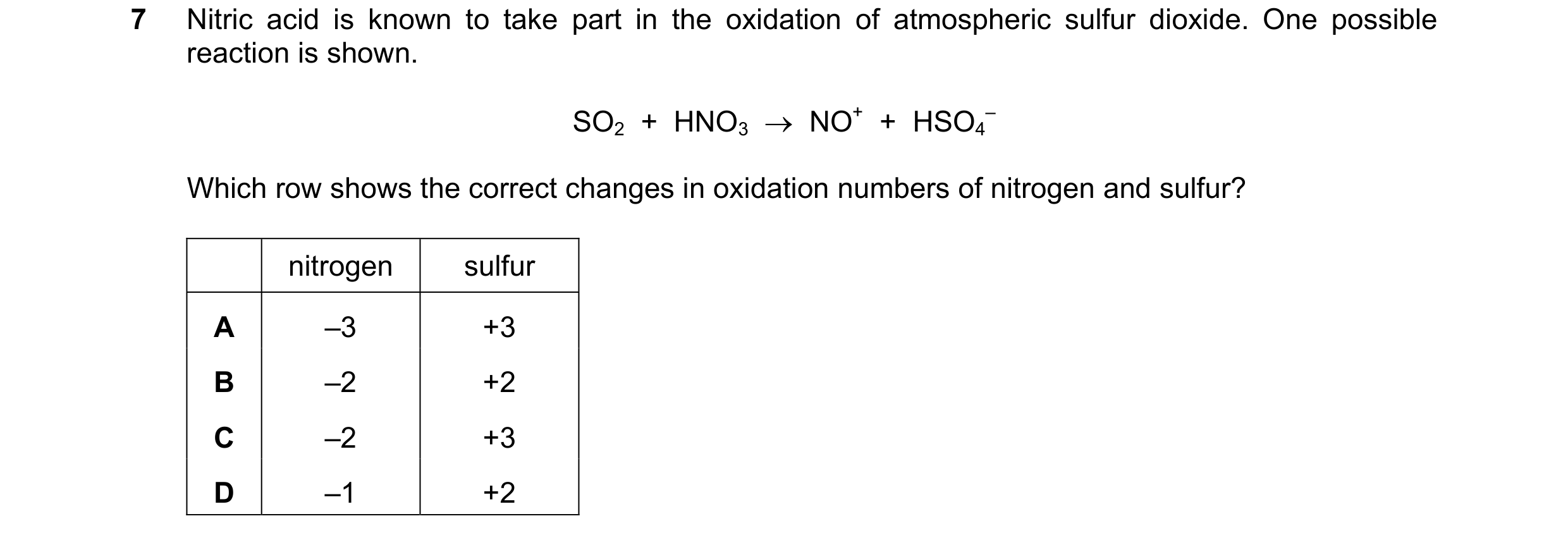 Question 83: Nitric acid is known to take part in the oxidation of atmospheric sulfur dioxide. One possible reaction is shown. SO2 + HNO3 → NO+ + …