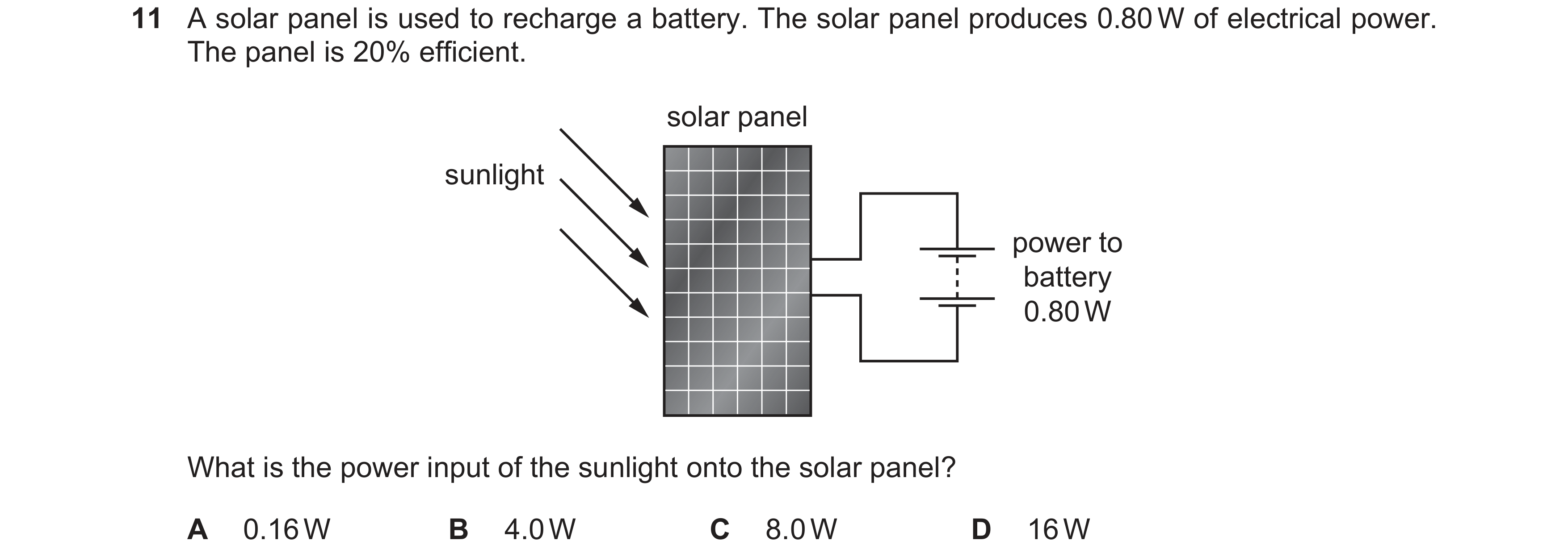 Question 33: A solar panel is used to recharge a battery. The solar panel produces 0.80 W of electrical power. The panel is 20% efficient. solar panel s…