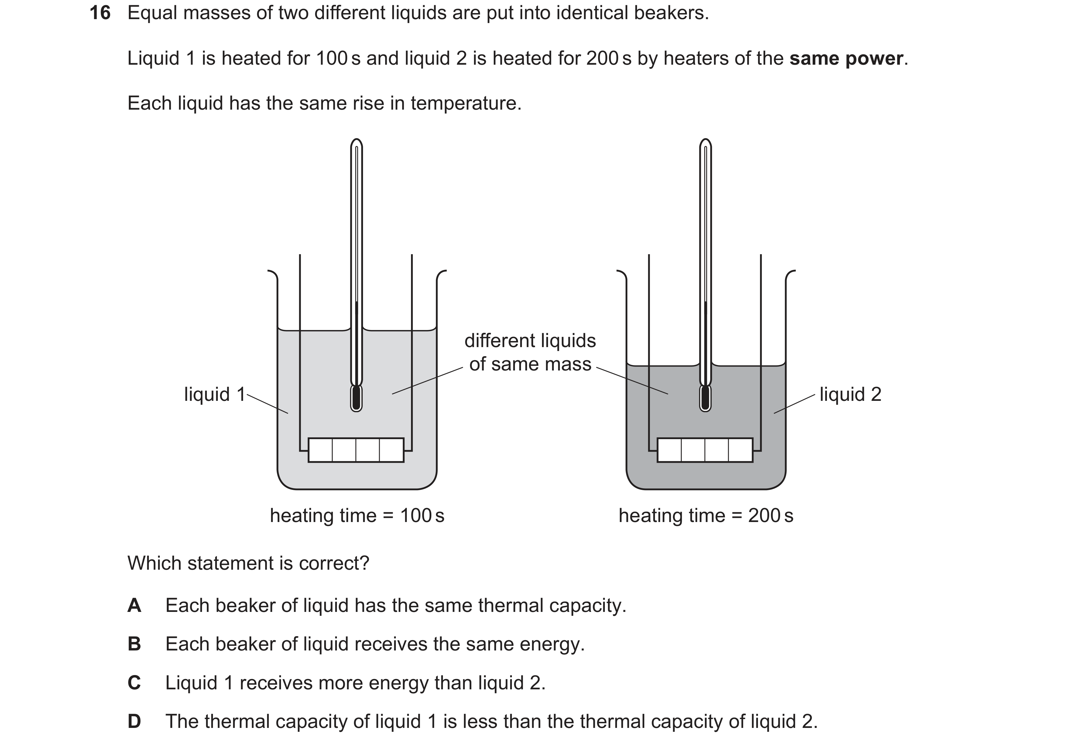 Question 35: Equal masses of two different liquids are put into identical beakers. Liquid 1 is heated for 100 s and liquid 2 is heated for 200 s by heat…
