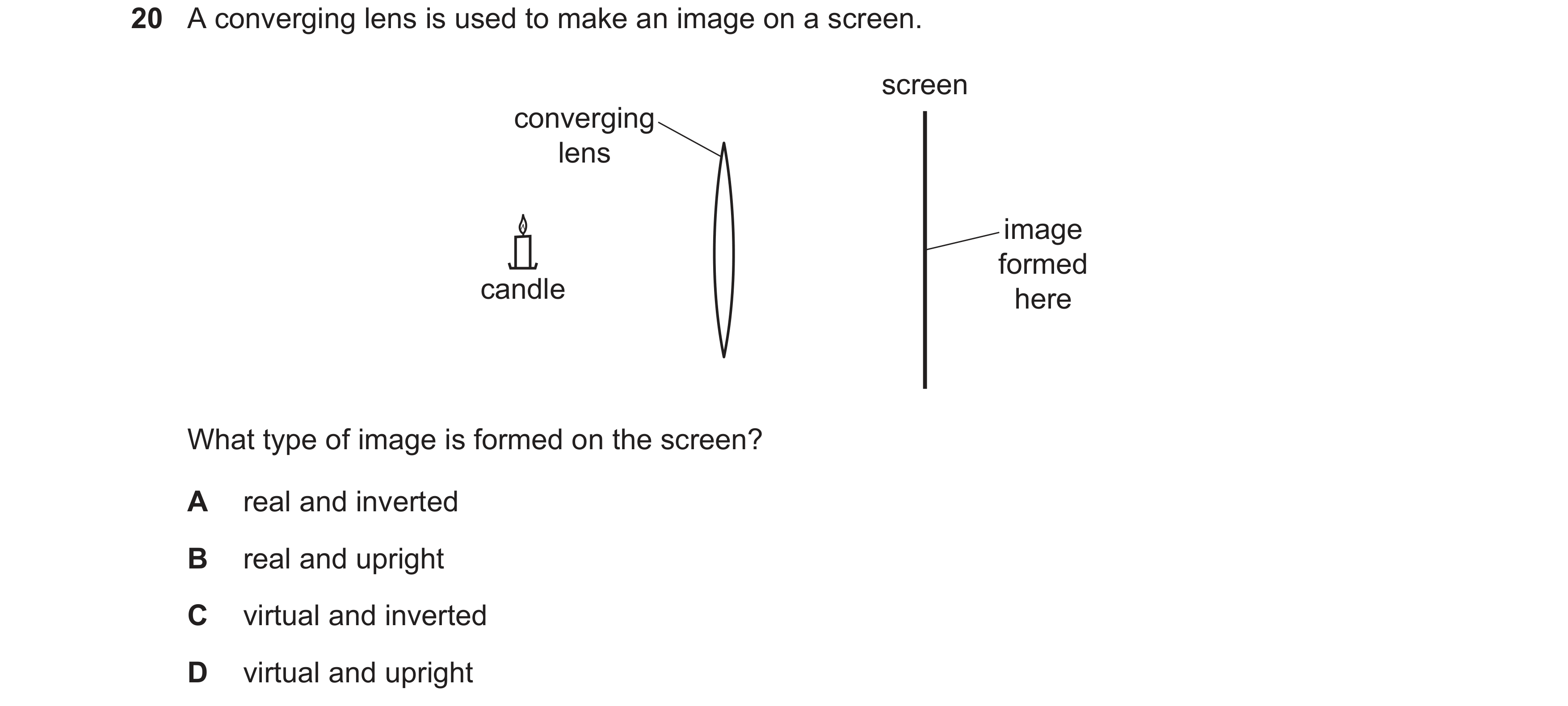 Question 24: A converging lens is used to make an image on a screen. screen converging lens image formed candle here What type of image is formed on the…