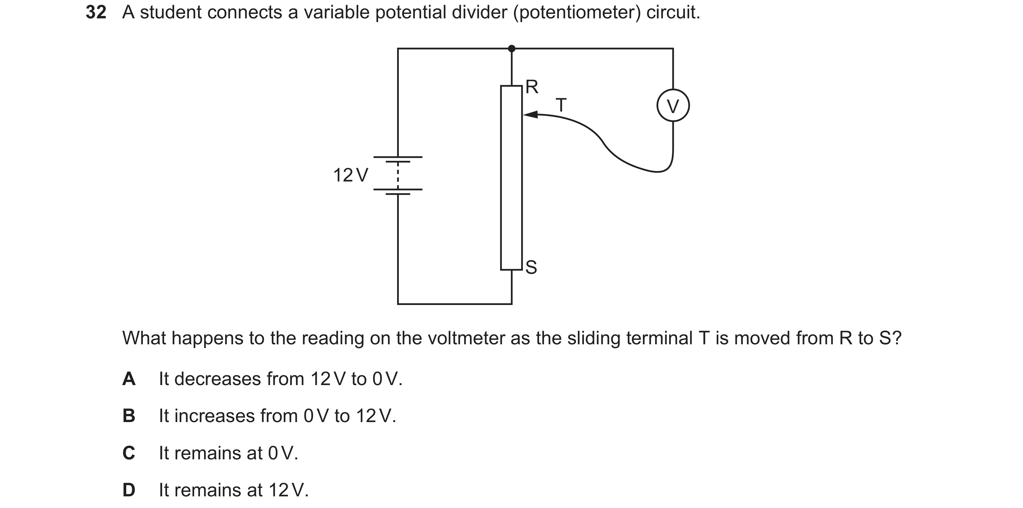 Question 53: A student connects a variable potential divider (potentiometer) circuit. R T V 12 V S What happens to the reading on the voltmeter as the s…