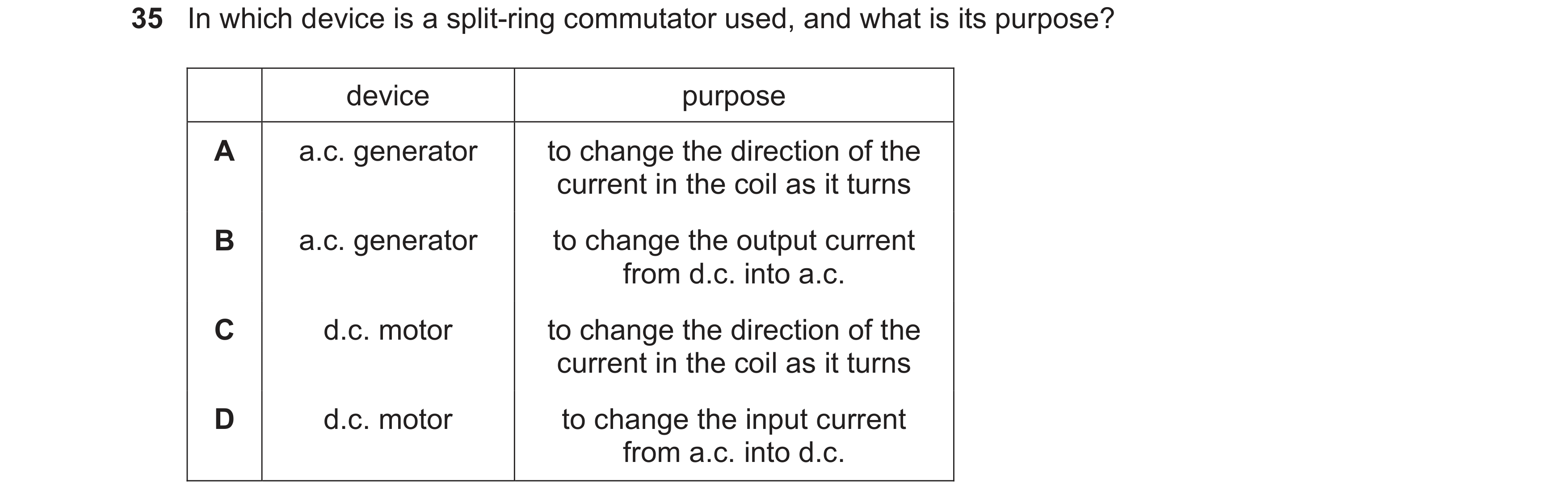 Question 28: In which device is a split-ring commutator used, and what is its purpose? device purpose A a.c. generator to change the direction of the cu…