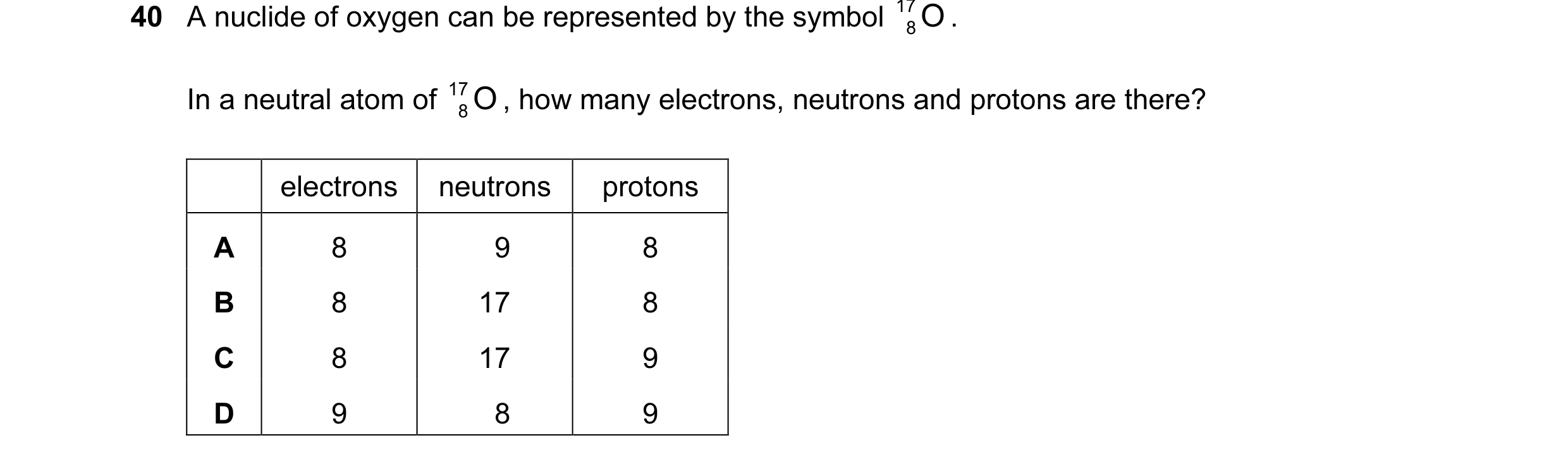 Question 14: A nuclide of oxygen can be represented by the symbol 17 O . 8 In a neutral atom of 17 O , how many electrons, neutrons and protons are ther…