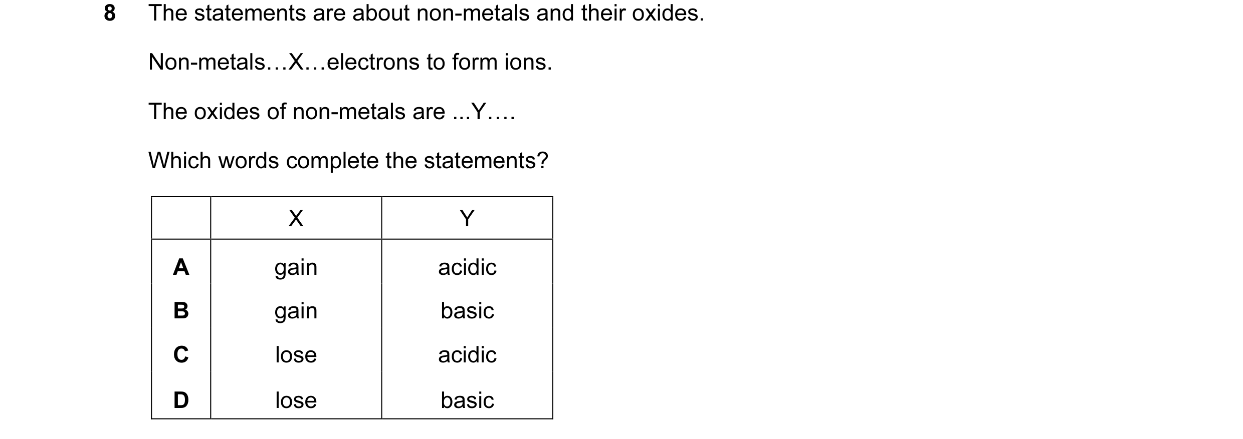 Question 7: The statements are about non-metals and their oxides. Non-metals…X…electrons to form ions. The oxides of non-metals are ...Y…. Which words …