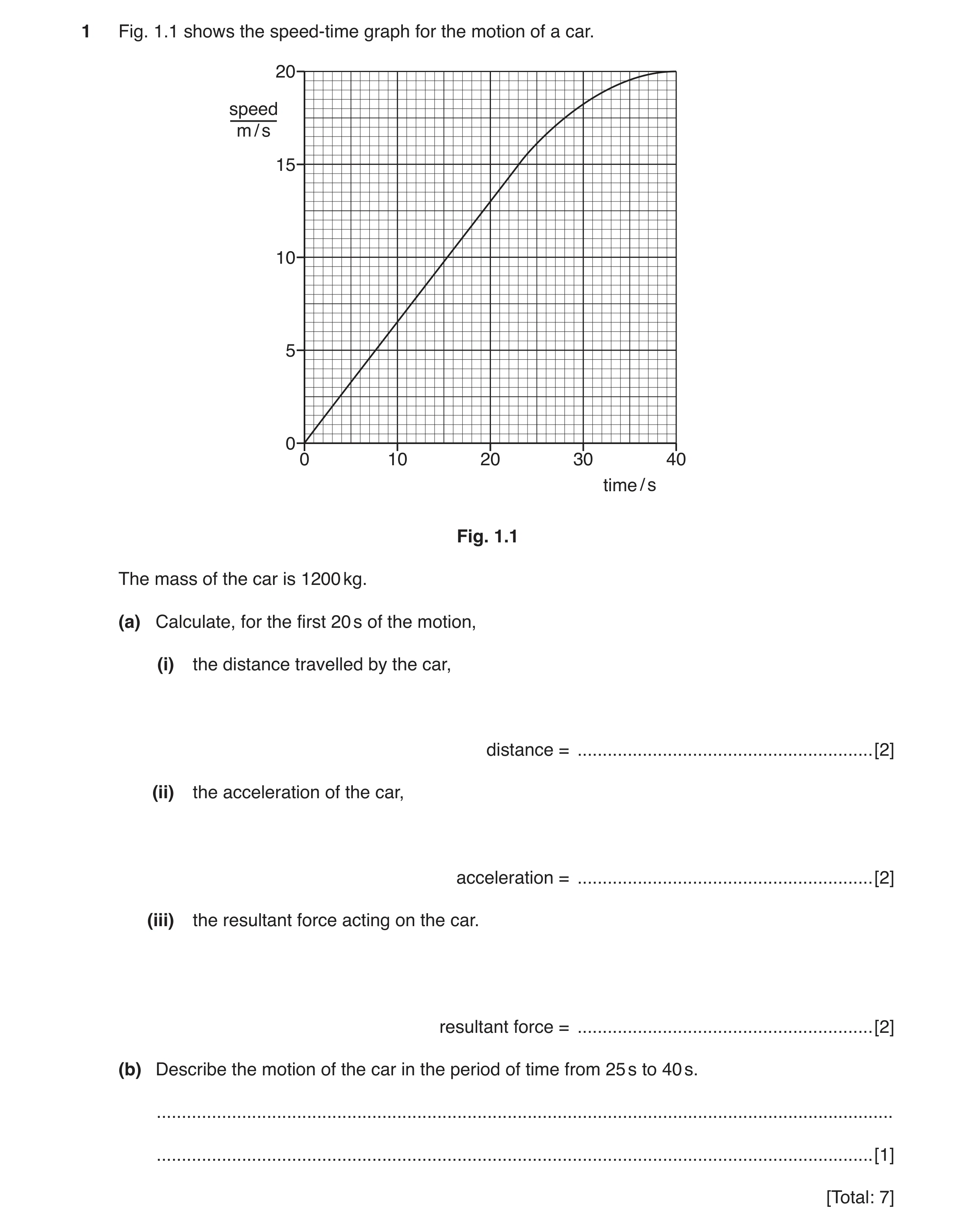 Question 4: Fig. 1.1 shows the speed-time graph for the motion of a car. 20 speed m / s 15 10 5 0 0 10 20 30 40 time / s Fig. 1.1 The mass of the car i…