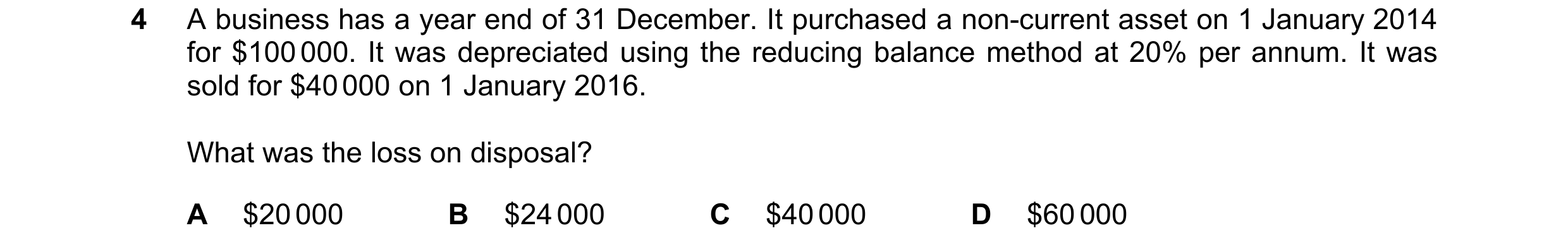 Question 140: A business has a year end of 31 December. It purchased a non-current asset on 1 January 2014 for $100 000. It was depreciated using the red…