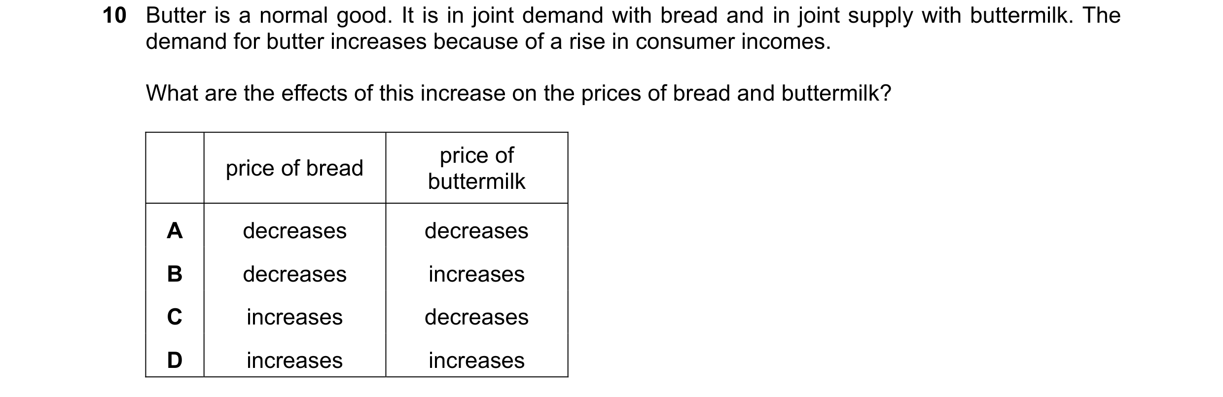 Question 325: Butter is a normal good. It is in joint demand with bread and in joint supply with buttermilk. The demand for butter increases because of a…