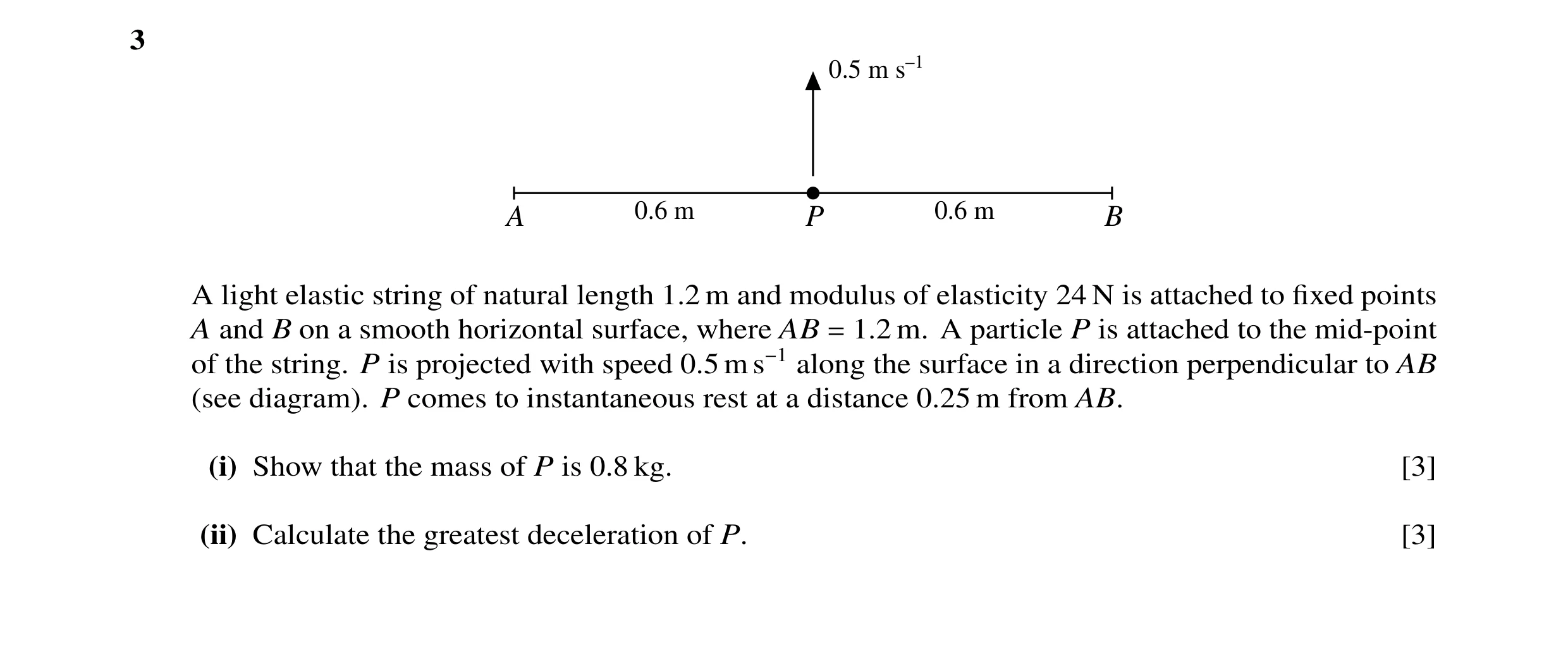 Question 21: 0.5 m s–1 0.6 m 0.6 m A P B A light elastic string of natural length 1.2 m and modulus of elasticity 24 N is attached to fixed points A and …