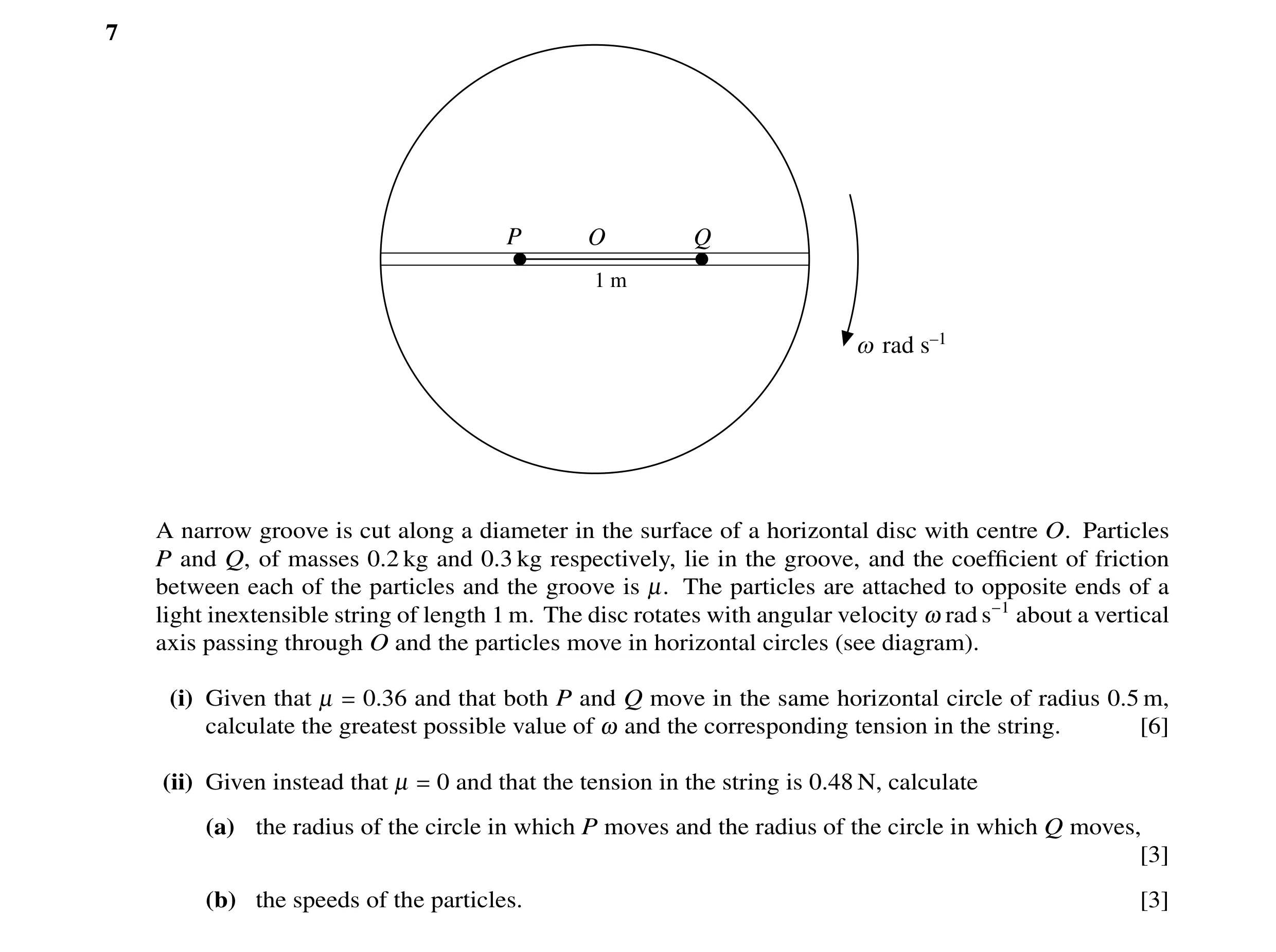 Question 54: P O Q 1 m w rad s–1 A narrow groove is cut along a diameter in the surface of a horizontal disc with centre O. Particles P and Q, of masses…