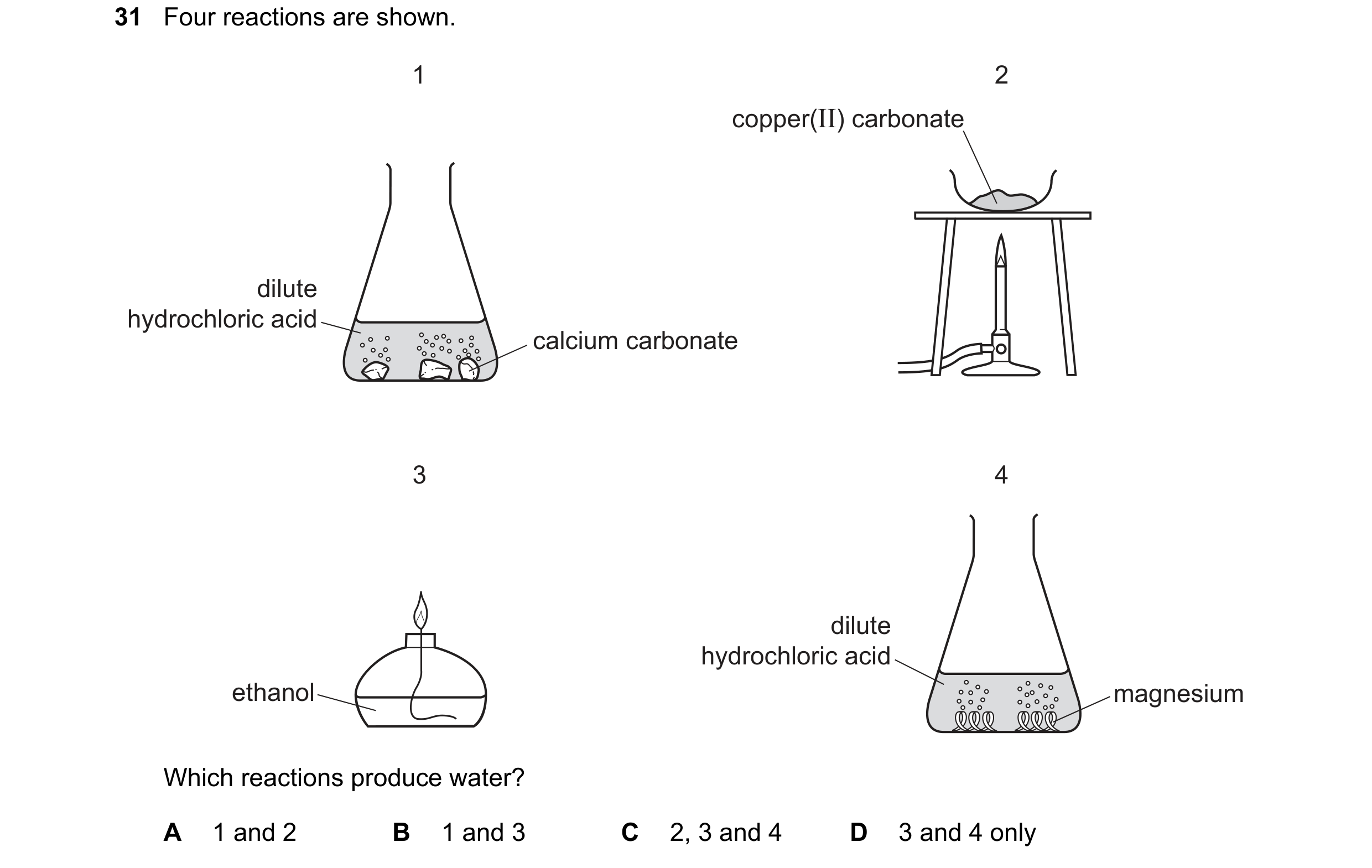 Question 13: Four reactions are shown. 1 2 copper(II) carbonate dilute hydrochloric acid calcium carbonate 3 4 dilute hydrochloric acid ethanol magnesiu…