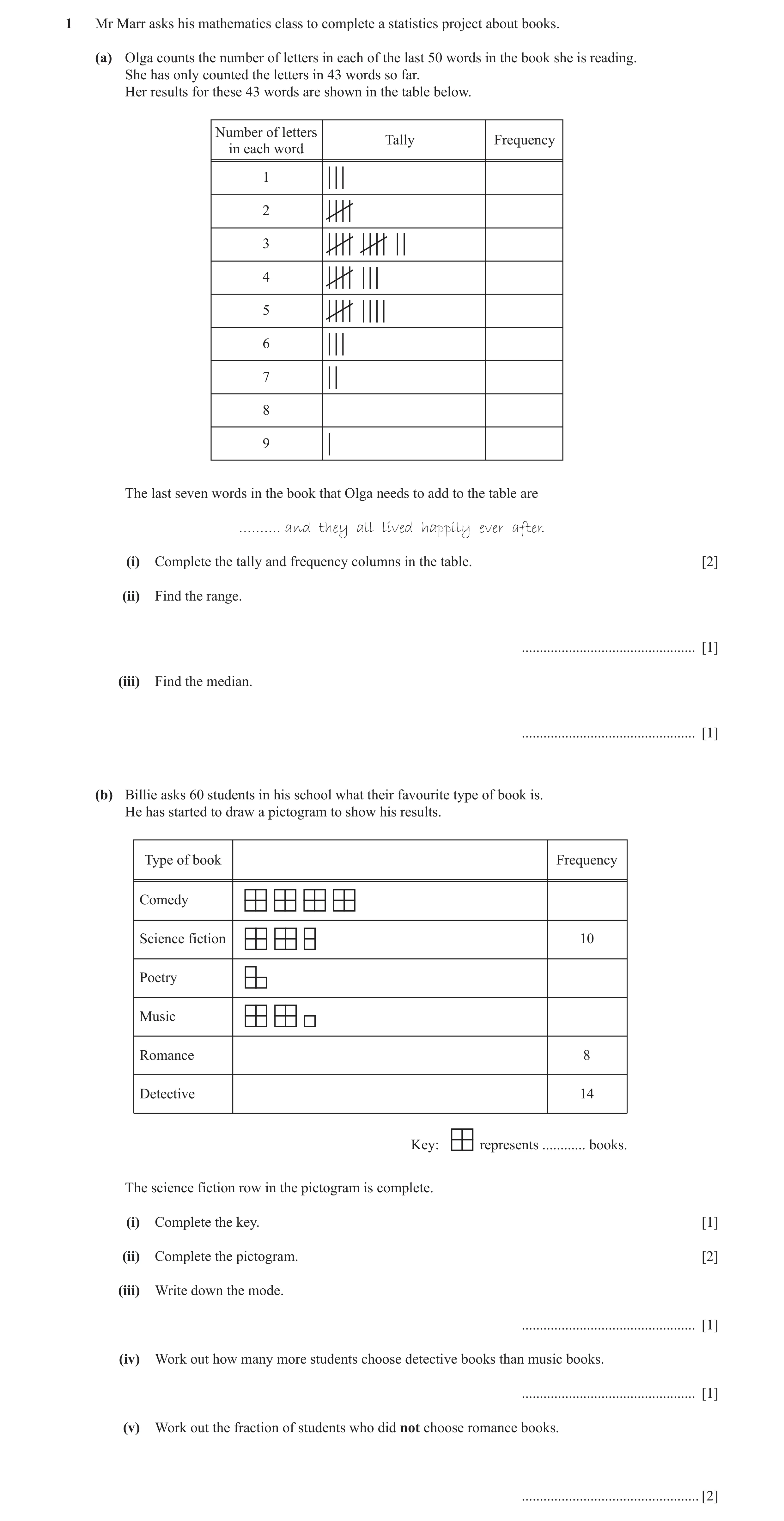 Question 19: Mr Marr asks his mathematics class to complete a statistics project about books. (a) Olga counts the number of letters in each of the last …