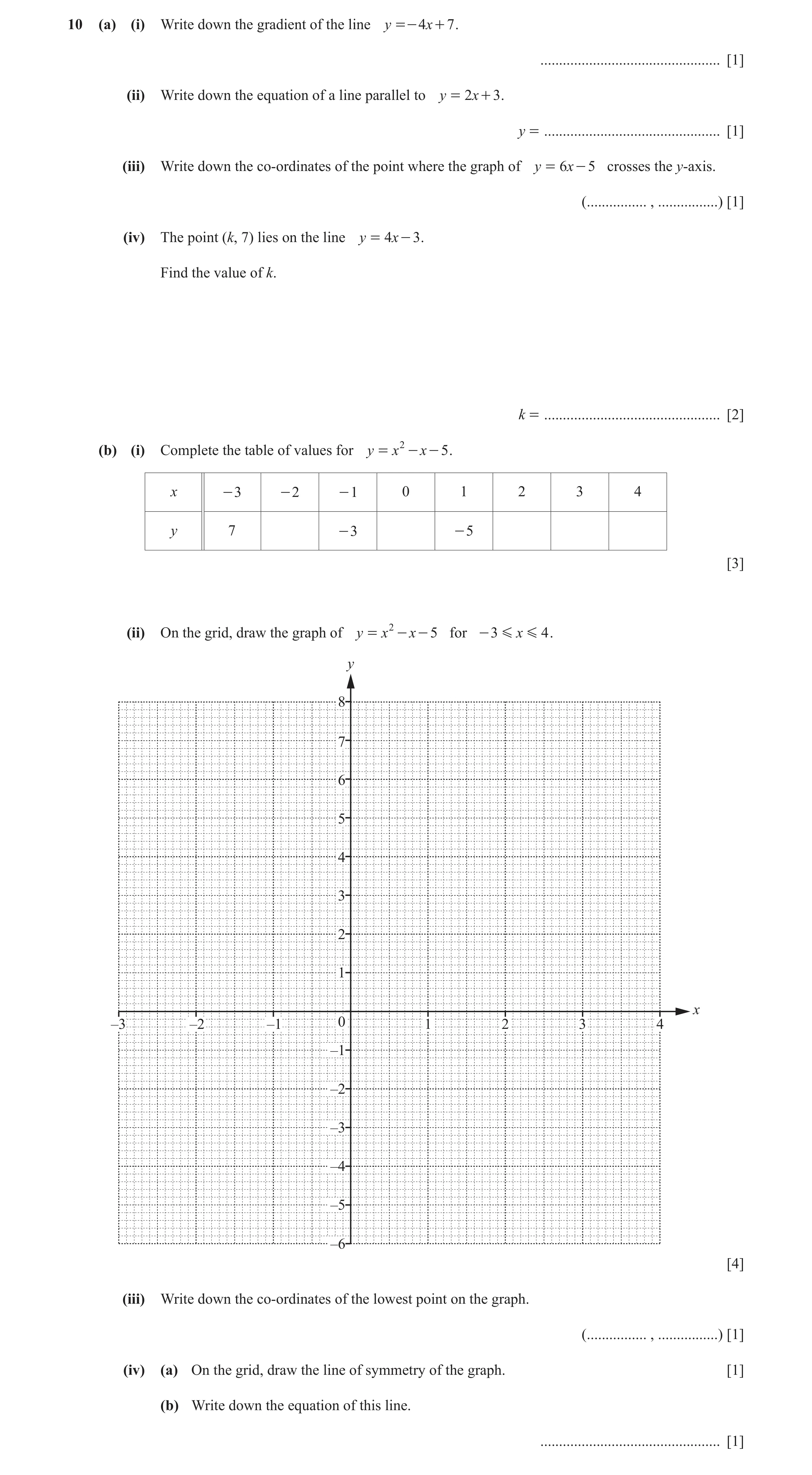 Question 6: (a) (i) Write down the gradient of the line y =- 4 x + 7 . ................................................ [1] (ii) Write down the equatio…