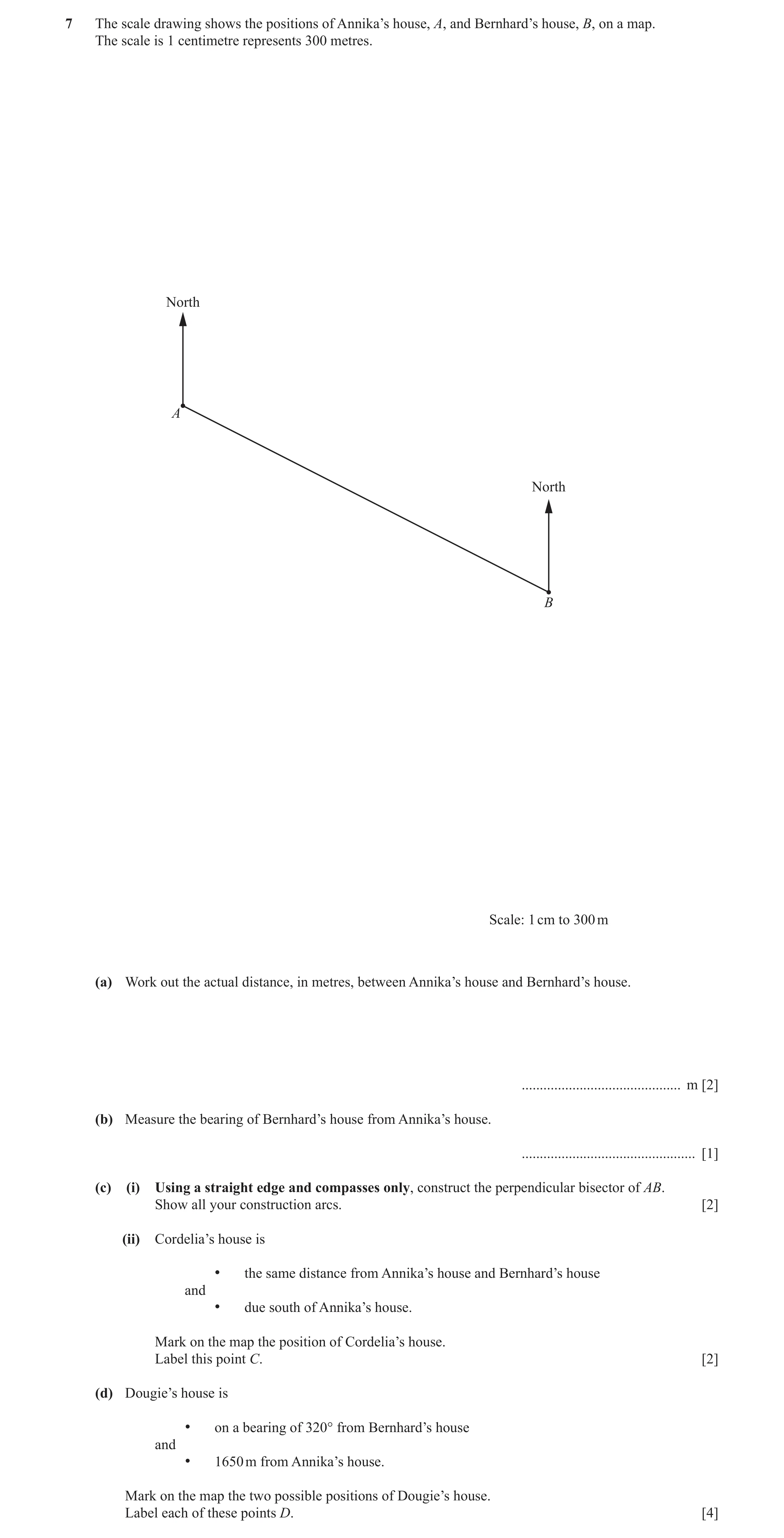 Question 18: The scale drawing shows the positions of Annika’s house, A, and Bernhard’s house, B, on a map. The scale is 1 centimetre represents 300 met…