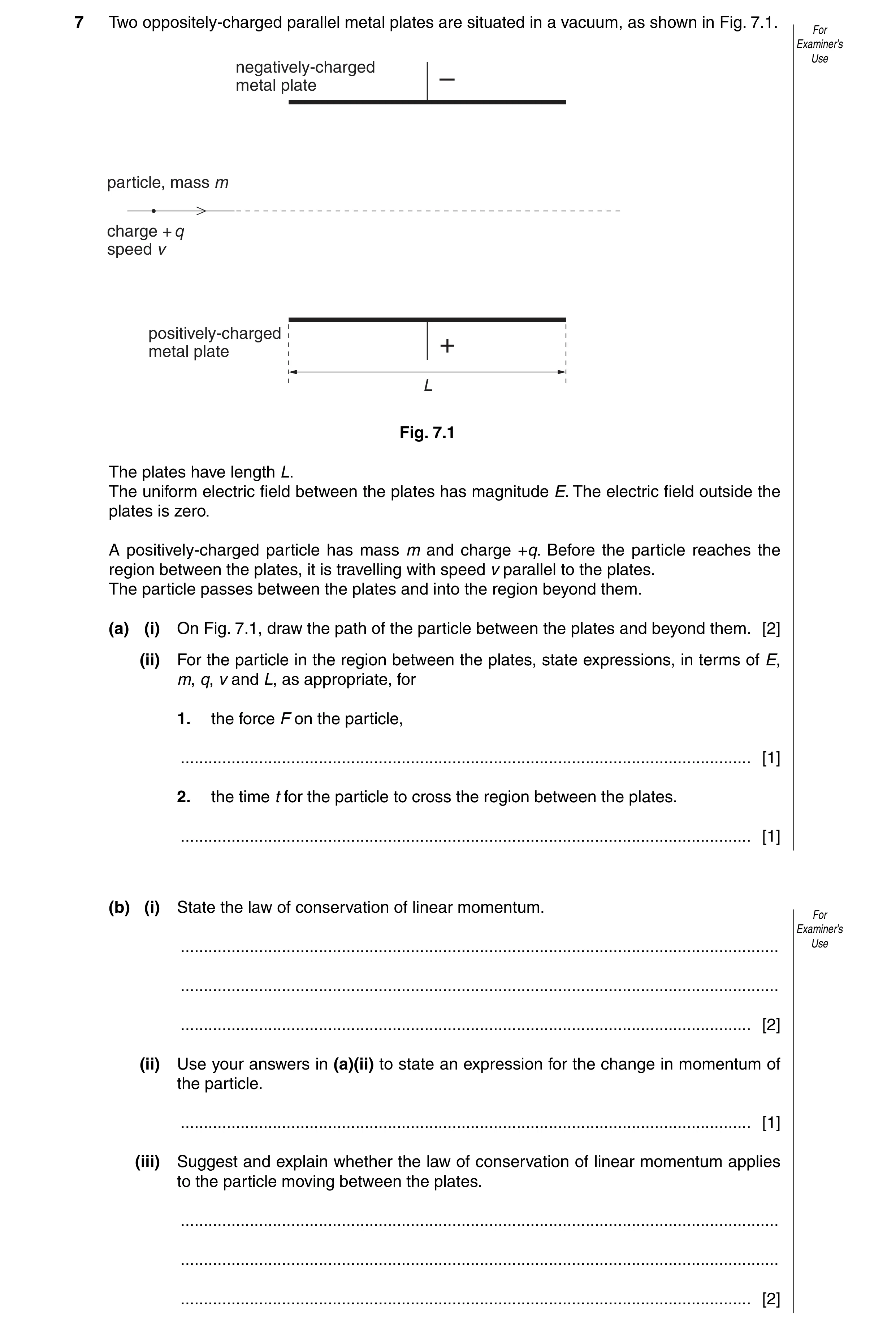Question 6: Two oppositely-charged parallel metal plates are situated in a vacuum, as shown in Fig. 7.1. For Examiner’s Use negatively-charged metal pl…