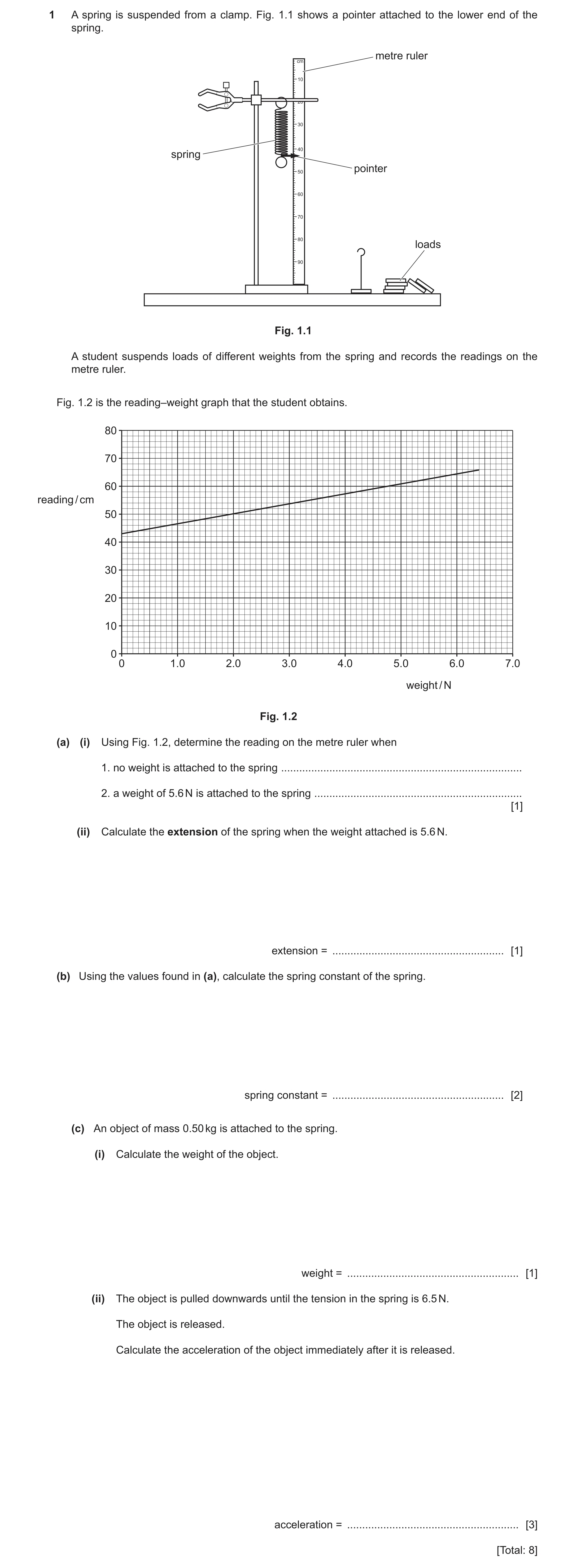 Question 53: A spring is suspended from a clamp. Fig. 1.1 shows a pointer attached to the lower end of the spring. cm metre ruler 10 20 30 spring 40 50 …