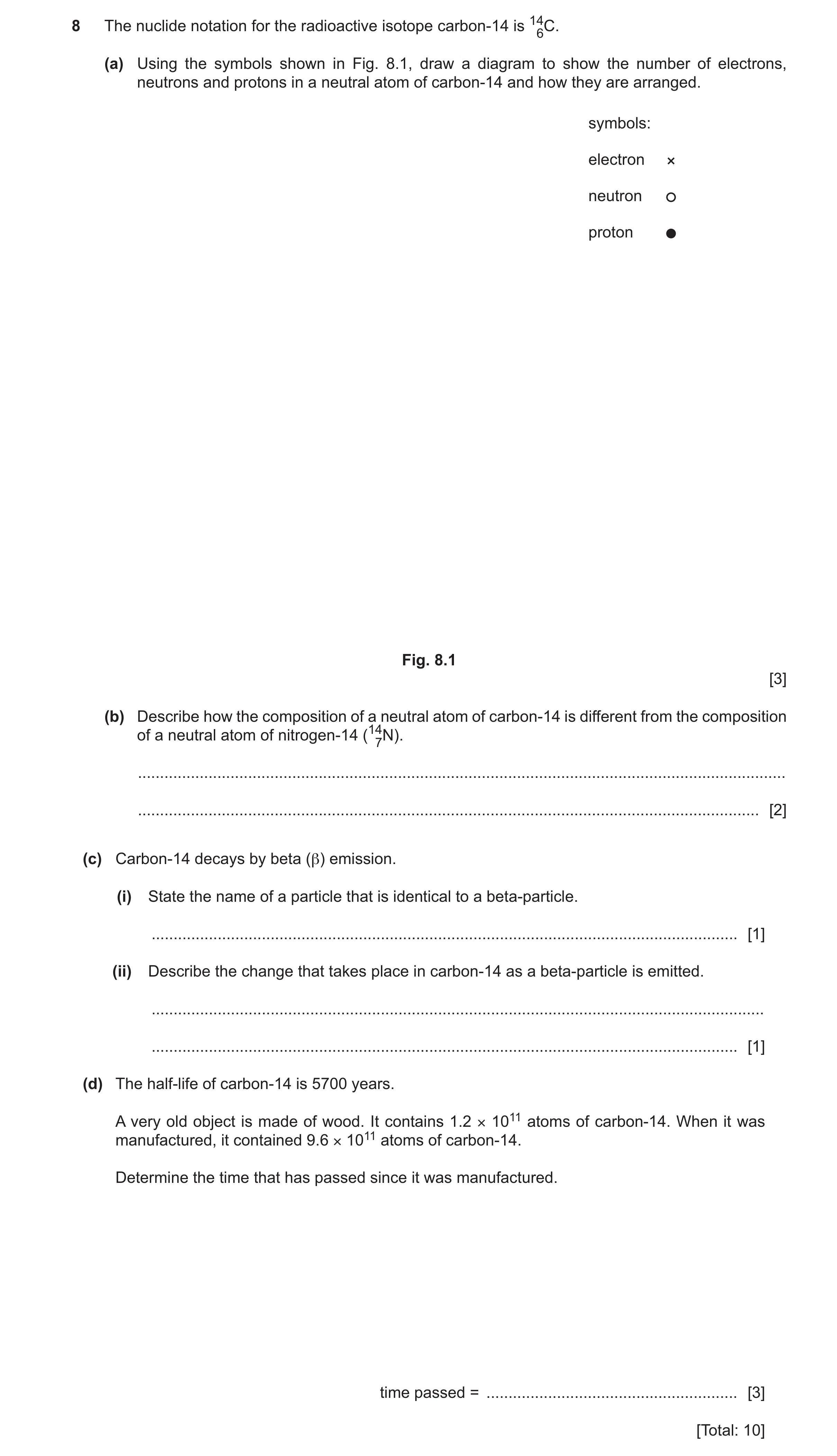 Question 29: The nuclide notation for the radioactive isotope carbon-14 is 146C. (a) Using the symbols shown in Fig. 8.1, draw a diagram to show the num…