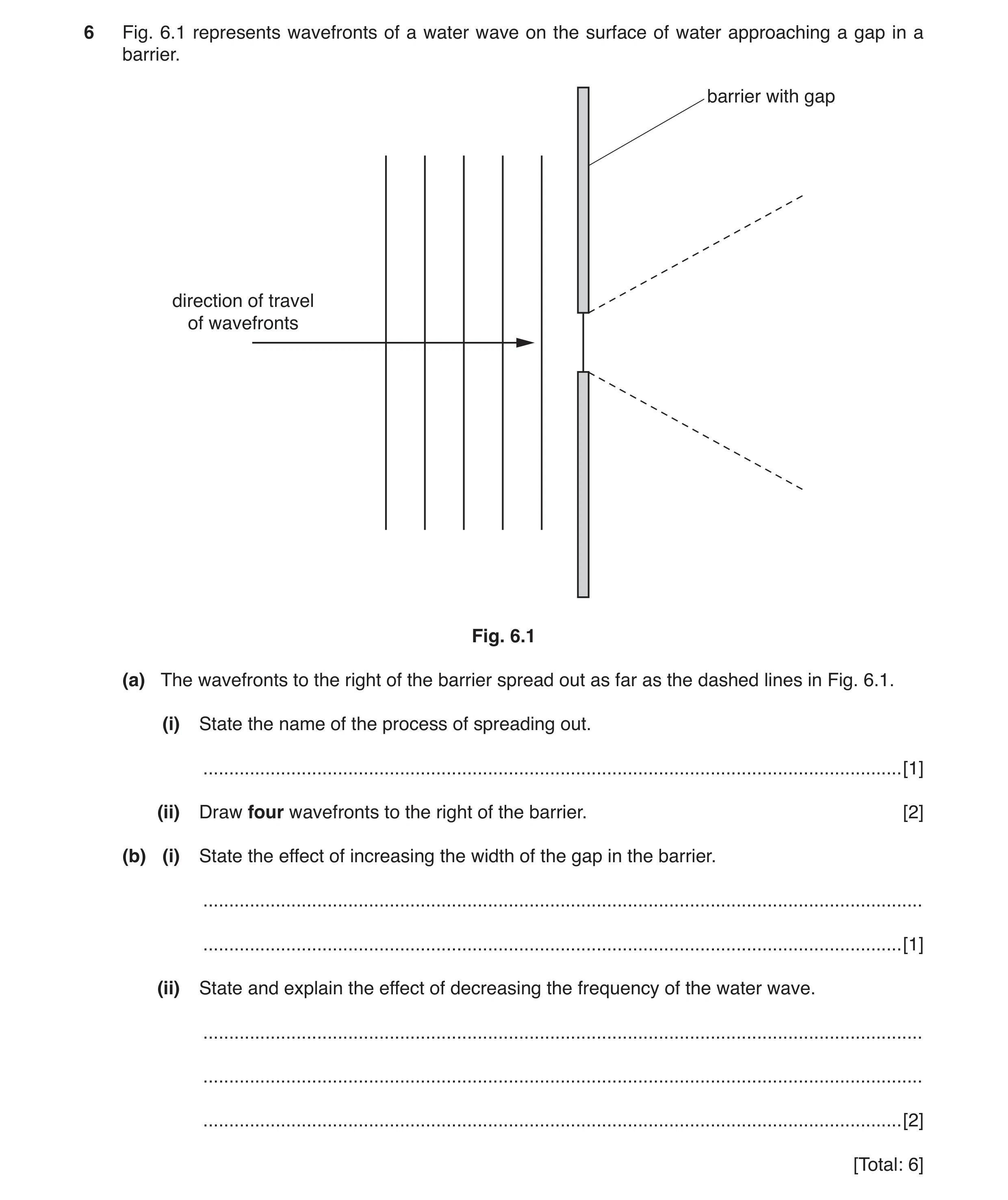 Question 3: Fig. 6.1 represents wavefronts of a water wave on the surface of water approaching a gap in a barrier. barrier with gap direction of travel…