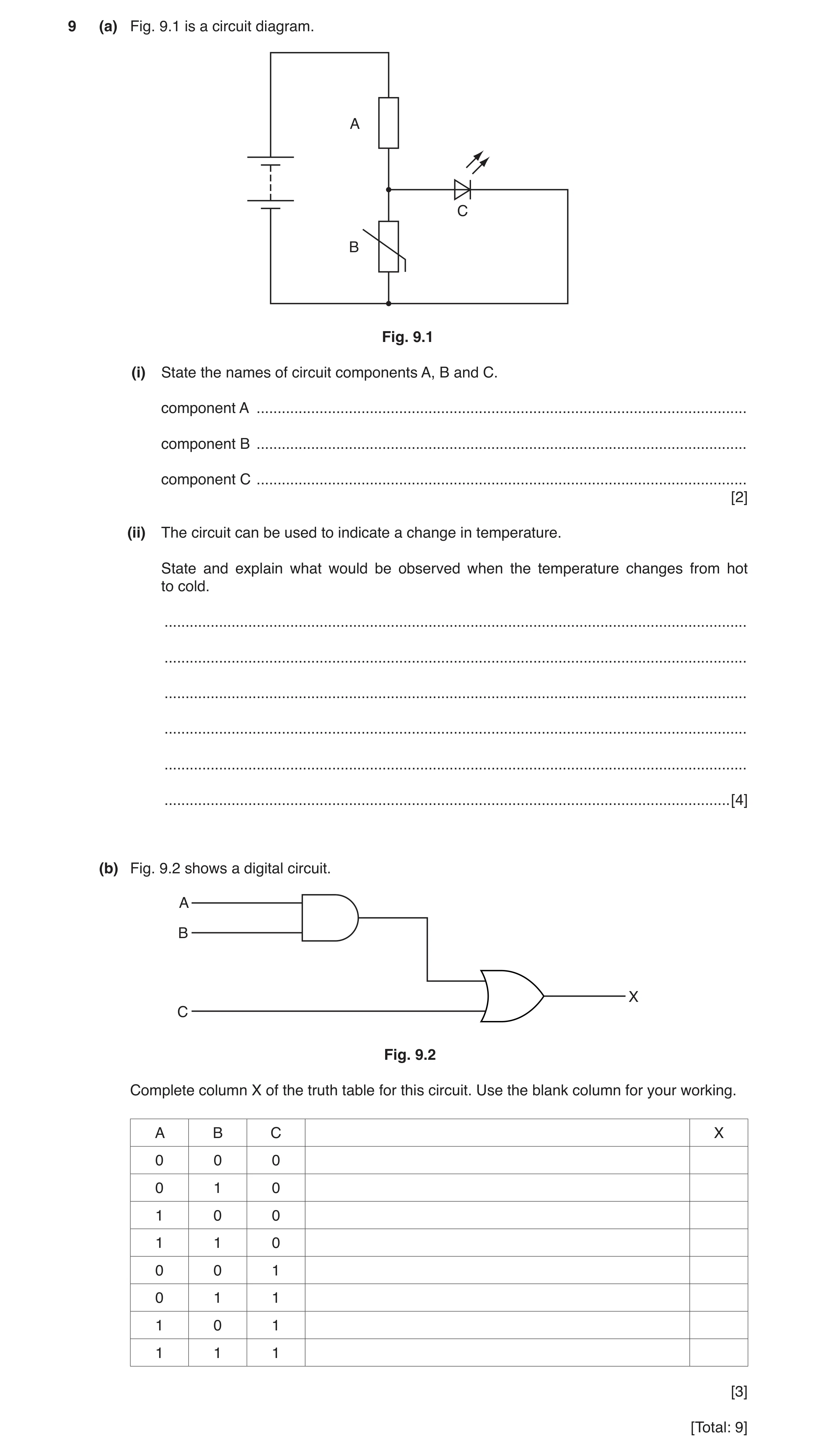 Question 7: (a) Fig. 9.1 is a circuit diagram. A C B Fig. 9.1 (i) State the names of circuit components A, B and C. component A .......................…
