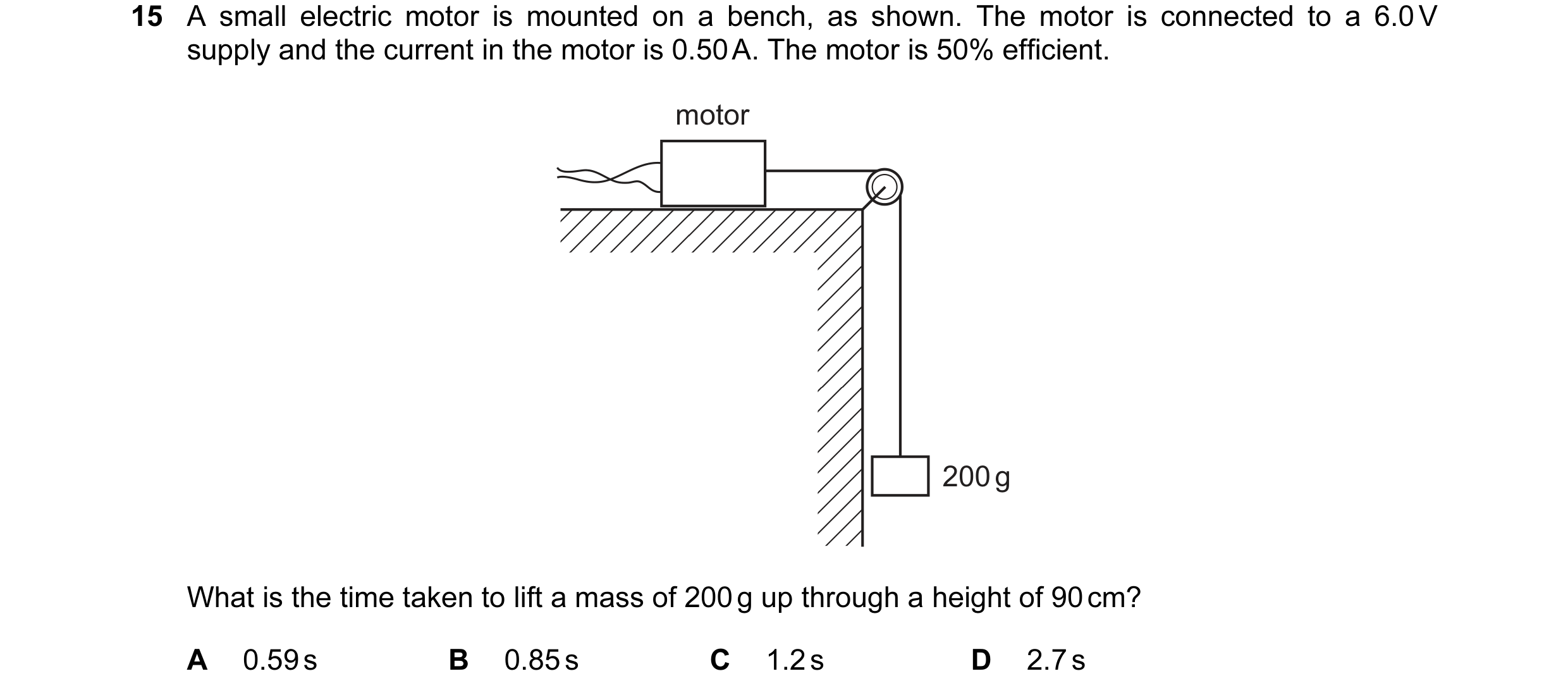 Question 78: A small electric motor is mounted on a bench, as shown. The motor is connected to a 6.0 V supply and the current in the motor is 0.50 A. Th…