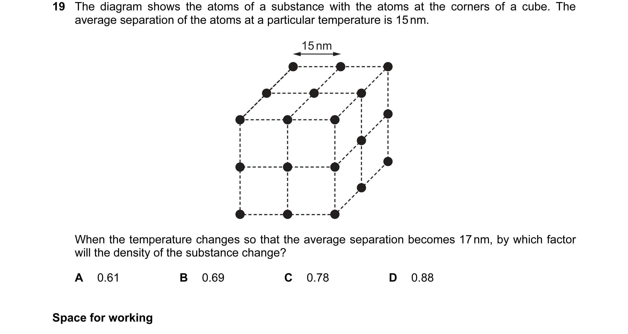 Question 53: The diagram shows the atoms of a substance with the atoms at the corners of a cube. The average separation of the atoms at a particular tem…