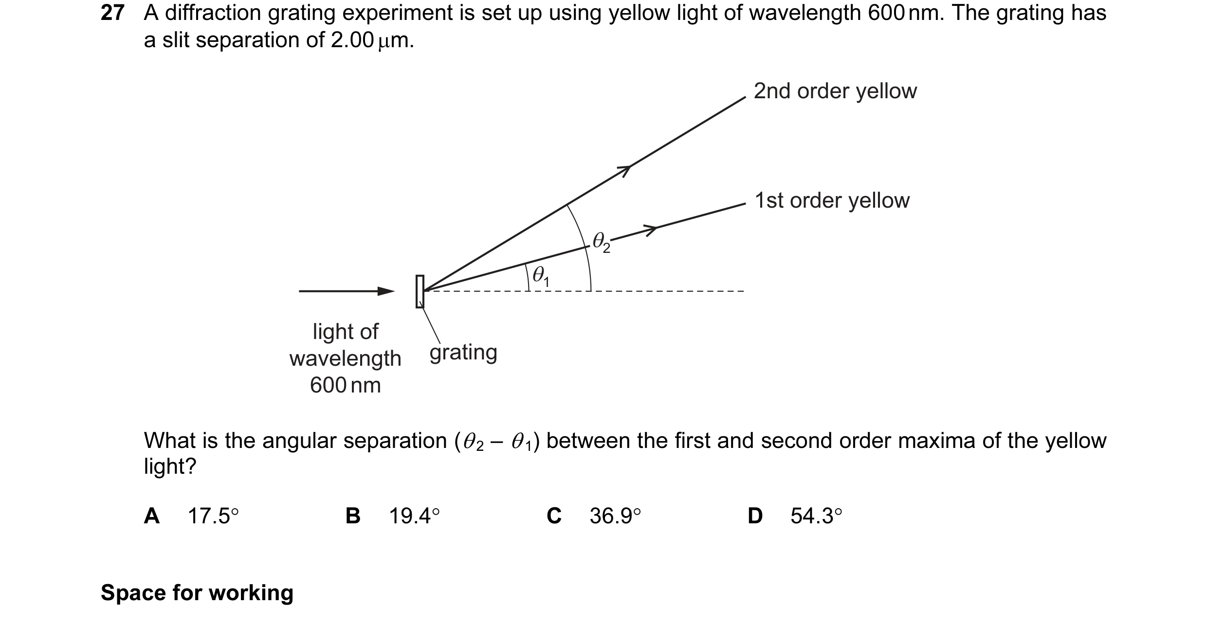 Question 21: A diffraction grating experiment is set up using yellow light of wavelength 600 nm. The grating has a slit separation of 2.00 µm. 2nd order…