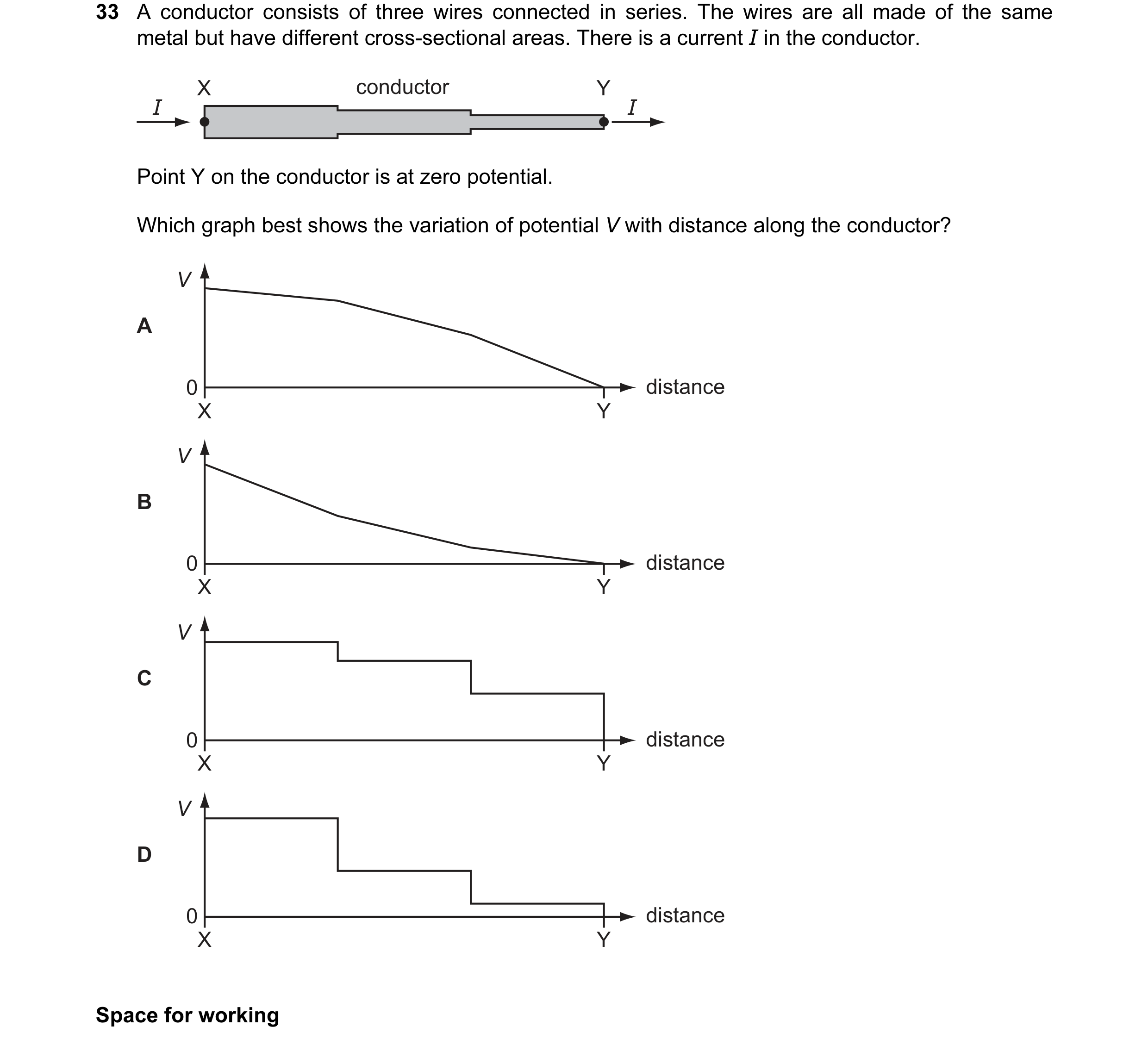 Question 59: A conductor consists of three wires connected in series. The wires are all made of the same metal but have different cross-sectional areas.…