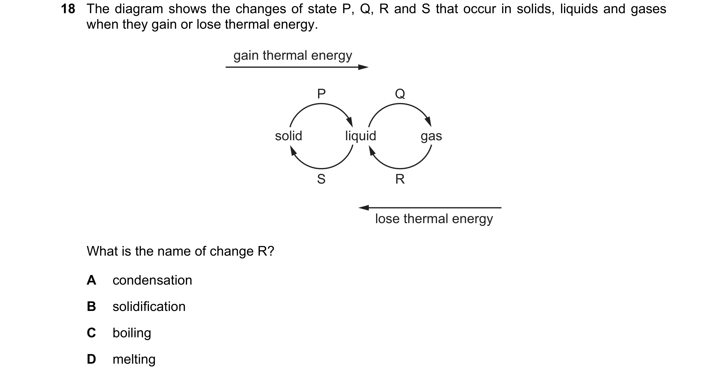 Question 6: The diagram shows the changes of state P, Q, R and S that occur in solids, liquids and gases when they gain or lose thermal energy. gain th…